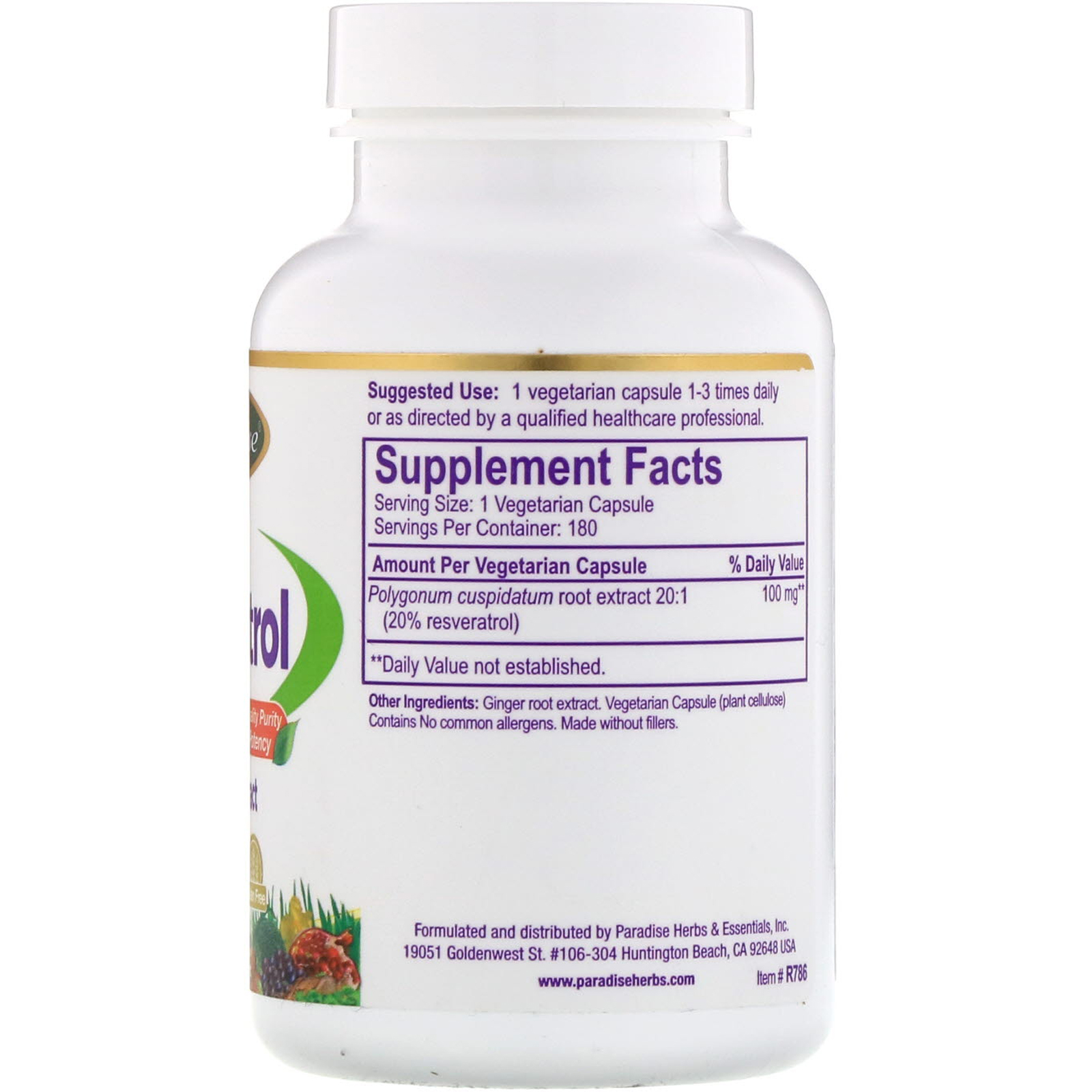 Paradise Herbs, Resveratrol, 180 Cápsulas Vegetais - Imagem 2