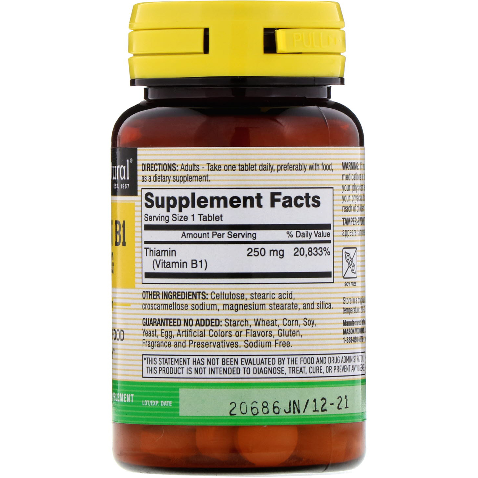 Mason Natural, Vitamina B-1, 250 mg, 100 comprimidos - Imagem 2