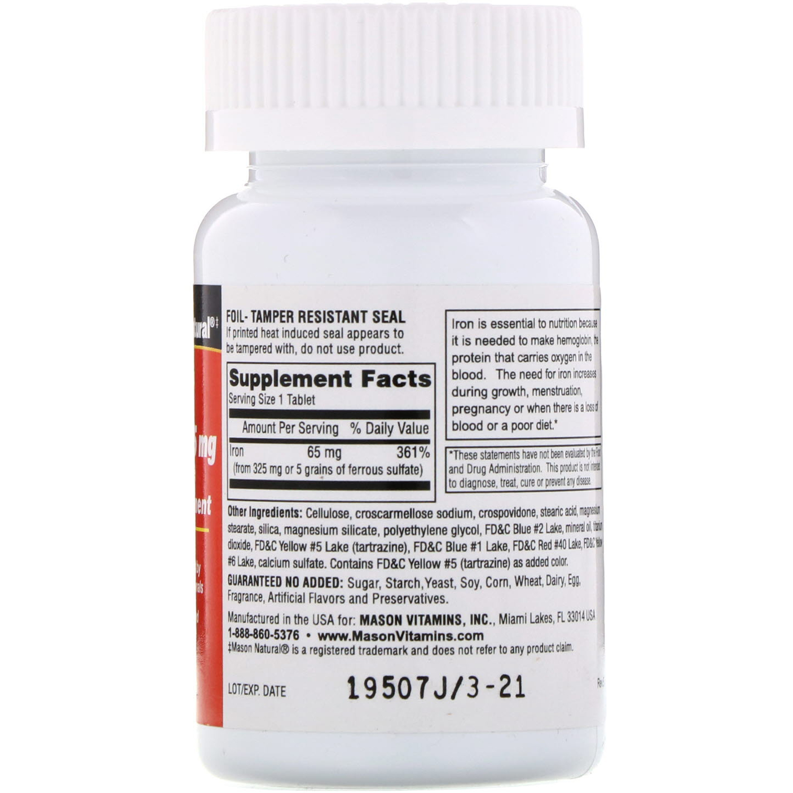 Mason Natural, Ferro, Sem Açúcar, 65 mg, 100 Comprimidos Verdes - Imagem 2