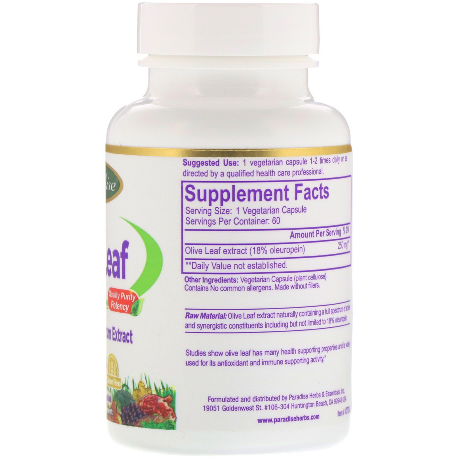 Paradise Herbs, Olive Leaf, 60 Vegetarian Capsules - Imagem 2