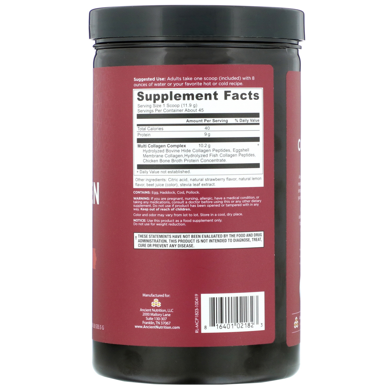 Dr. Axe / Ancient Nutrition, Multi Collagen Protein, Strawberry Lemonade, 1.18 lbs (535.5 g) - Imagem 2
