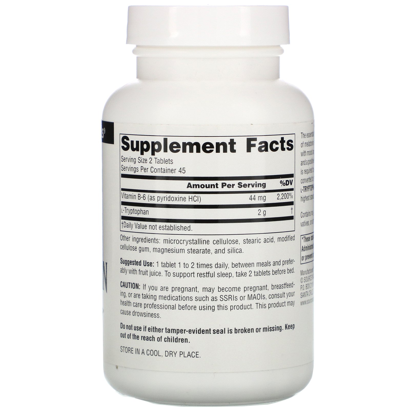 Source Naturals, L-Triptofano, 1.000 mg, 90 Comprimidos - Imagem 2