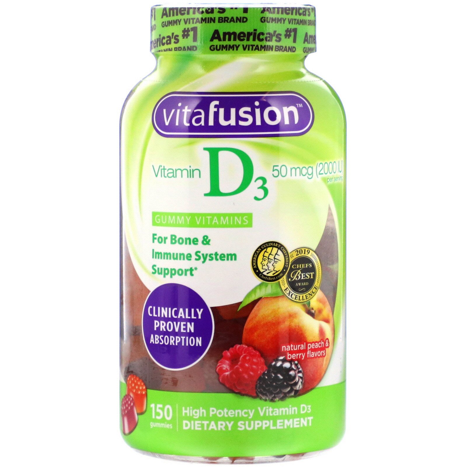 VitaFusion, Vitamina D3, Sabores Naturais de Pêssego e Frutas Vermelhas, 50 mcg (2.000 UI), 150 Gomas