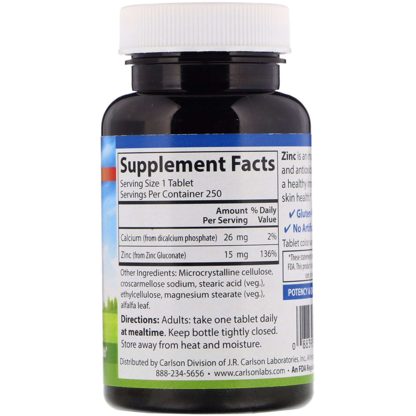 Carlson Labs, Zinco, 15 mg, 250 Comprimidos - Imagem 2