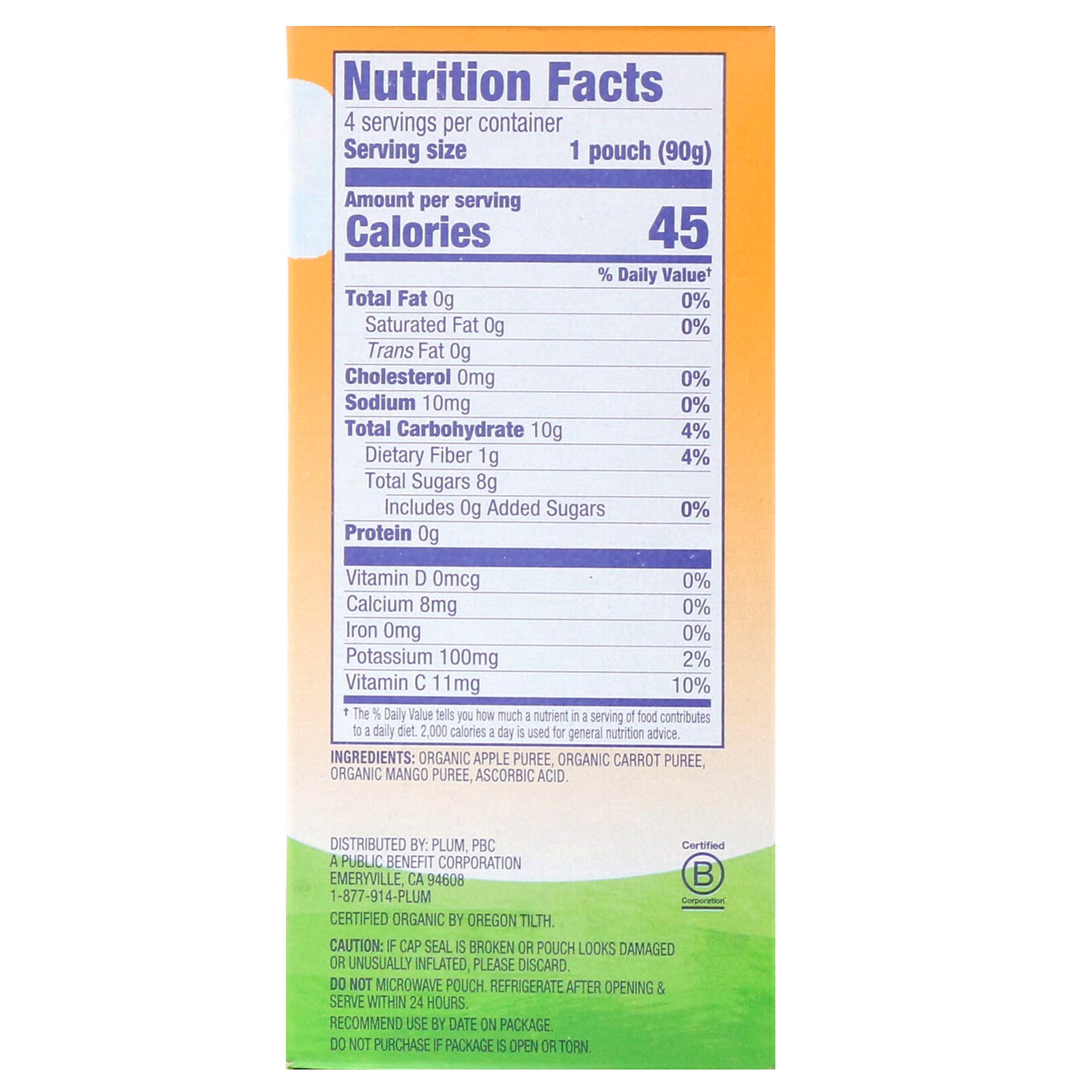 Plum Organics, Organics Applesauce Mashups with Carrot & Mango, 4 Pouches, 3.17 oz (90 g) Each - Imagem 2