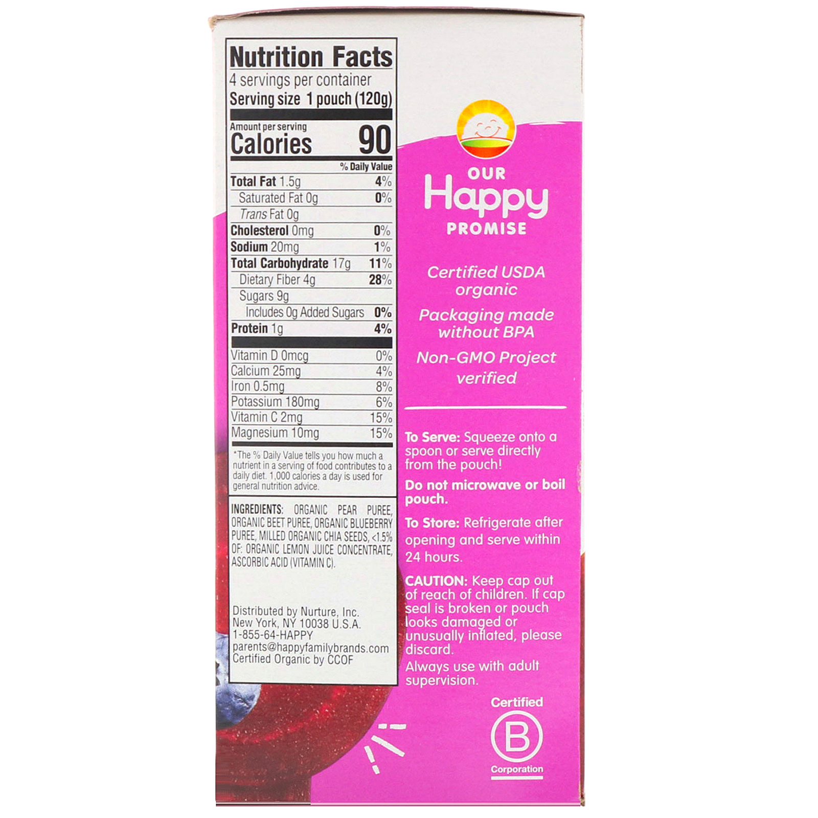 Happy Family Organics, Organic Happy Tot, Super Foods, Organic Pears, Beets & Blueberries + Super Chia, Stage 4, 4 Pack, 4.22 oz (120 g) Each - Imagem 3