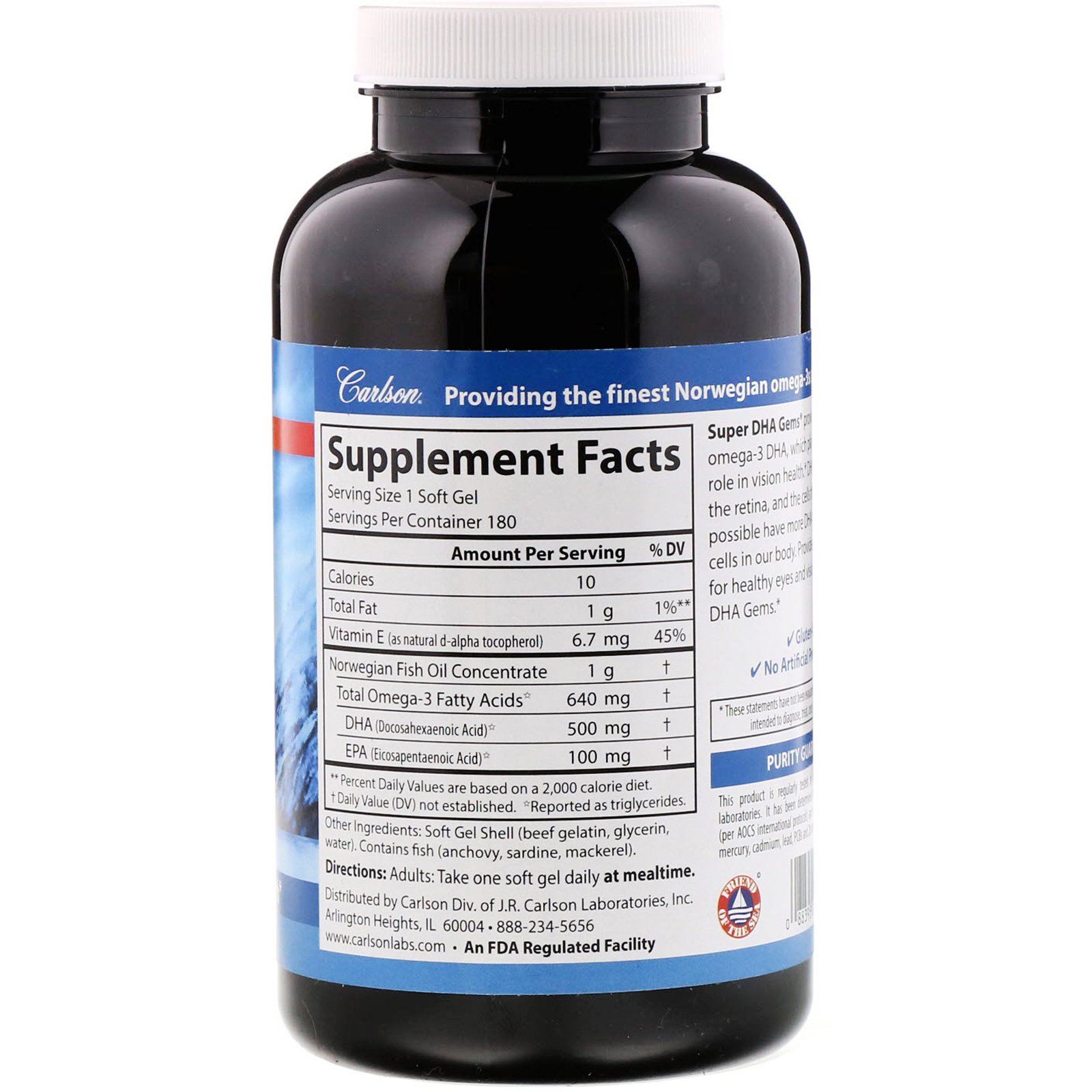 Carlson Labs, Super-DHA Gems, 500 mg, 180 Cápsulas Softgel - Imagem 2