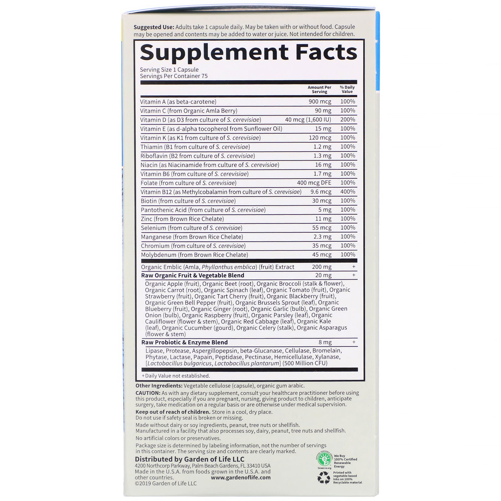 Garden of Life, Vitamin Code, RAW One, multivitamínico de administração única diária para homens, 75 cápsulas vegetarianas - Imagem 3