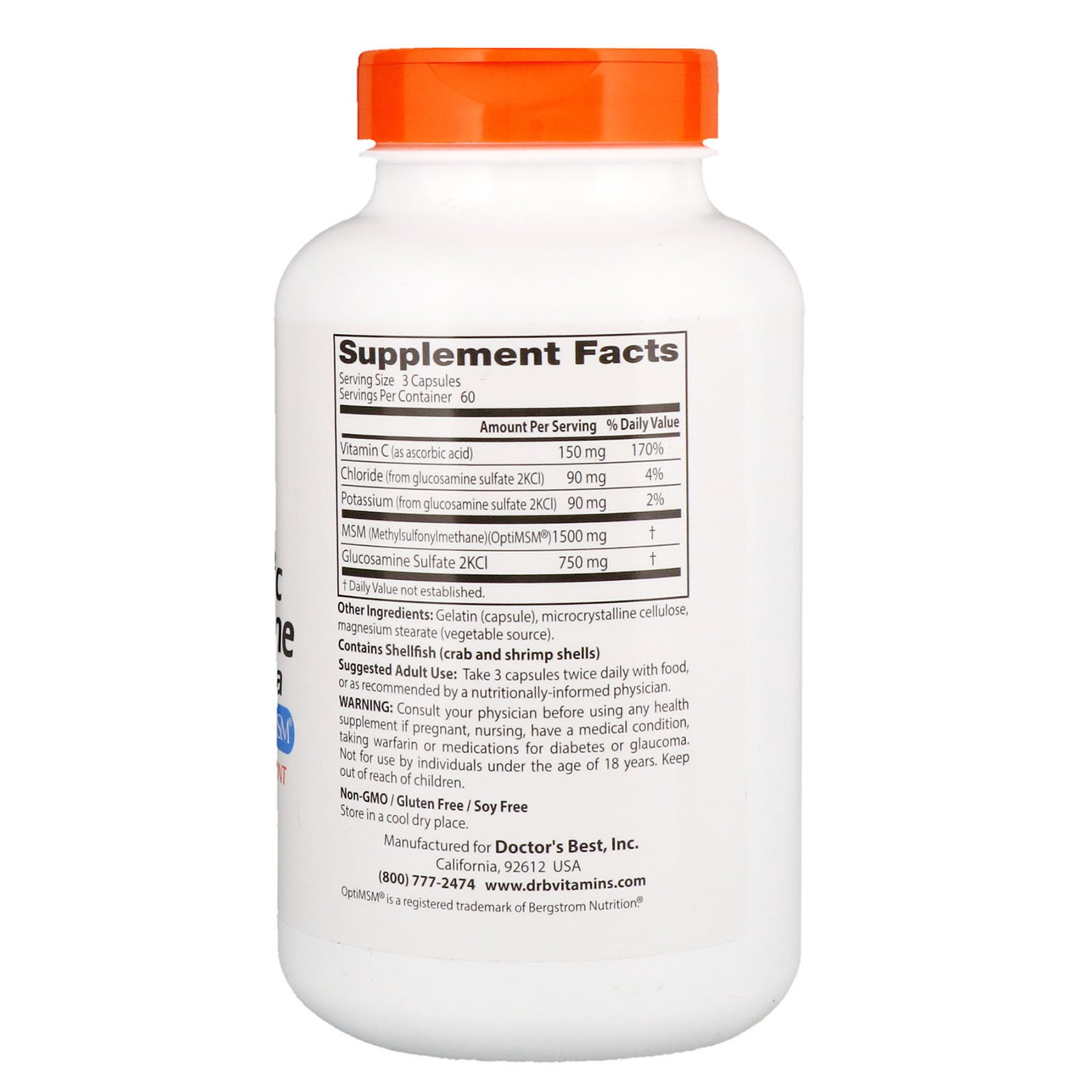 Doctor's Best, Fórmula Sinérgica de MSM e Glucosamina, com OptiMSM, 180 Cápsulas - Imagem 2