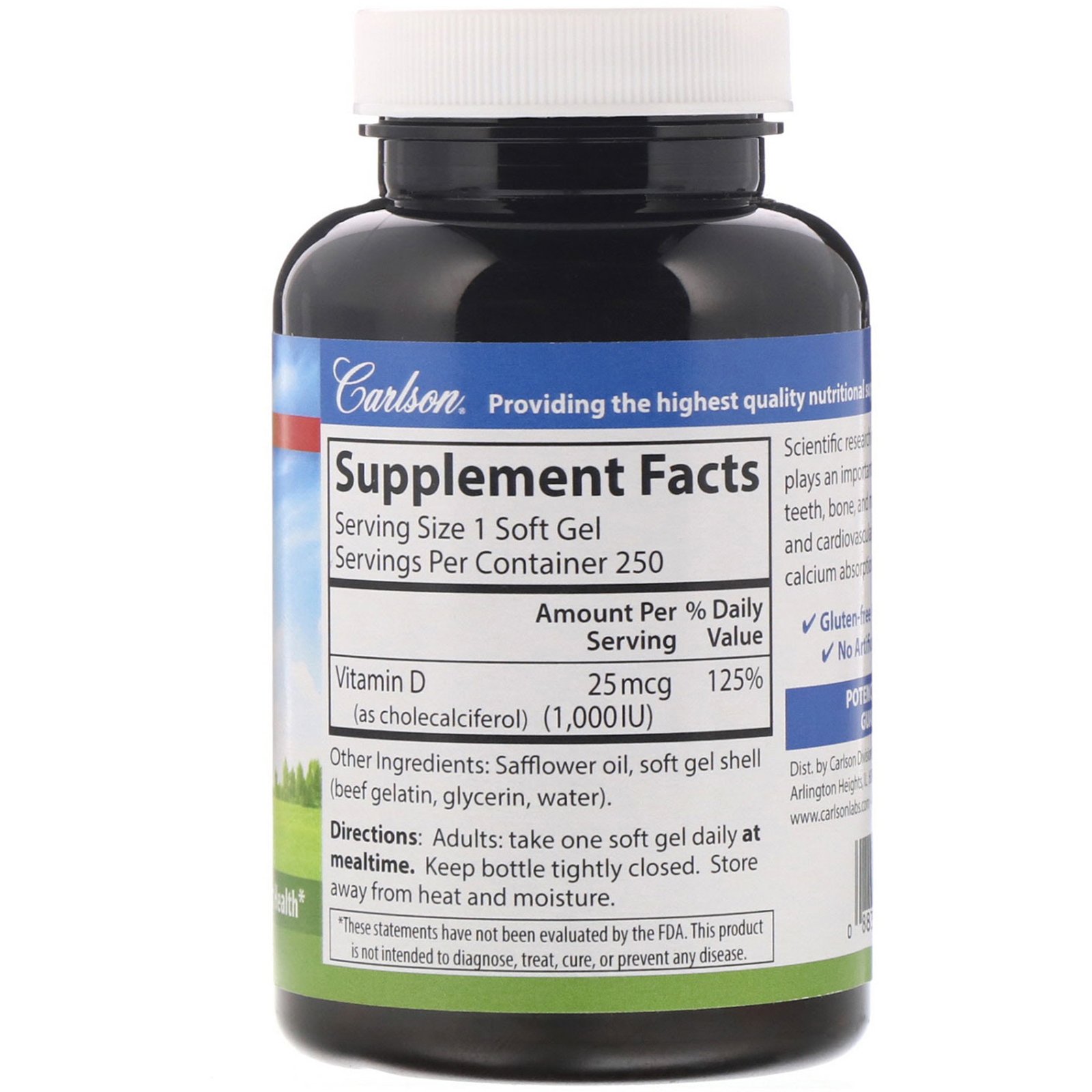 Carlson Labs, Vitamina D3, 1.000 UI (25 mcg), 250 Cápsulas Softgel - Imagem 2