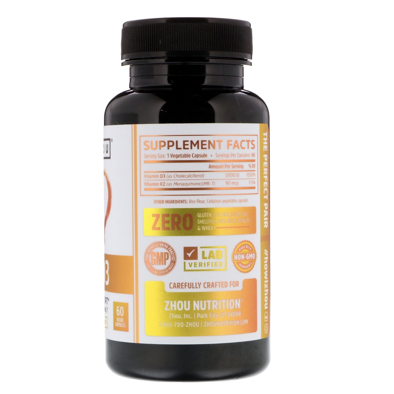 Zhou Nutrition, K2 + D3, Suporte 2-em-1, 60 Cápsulas Vegetais - Imagem 2