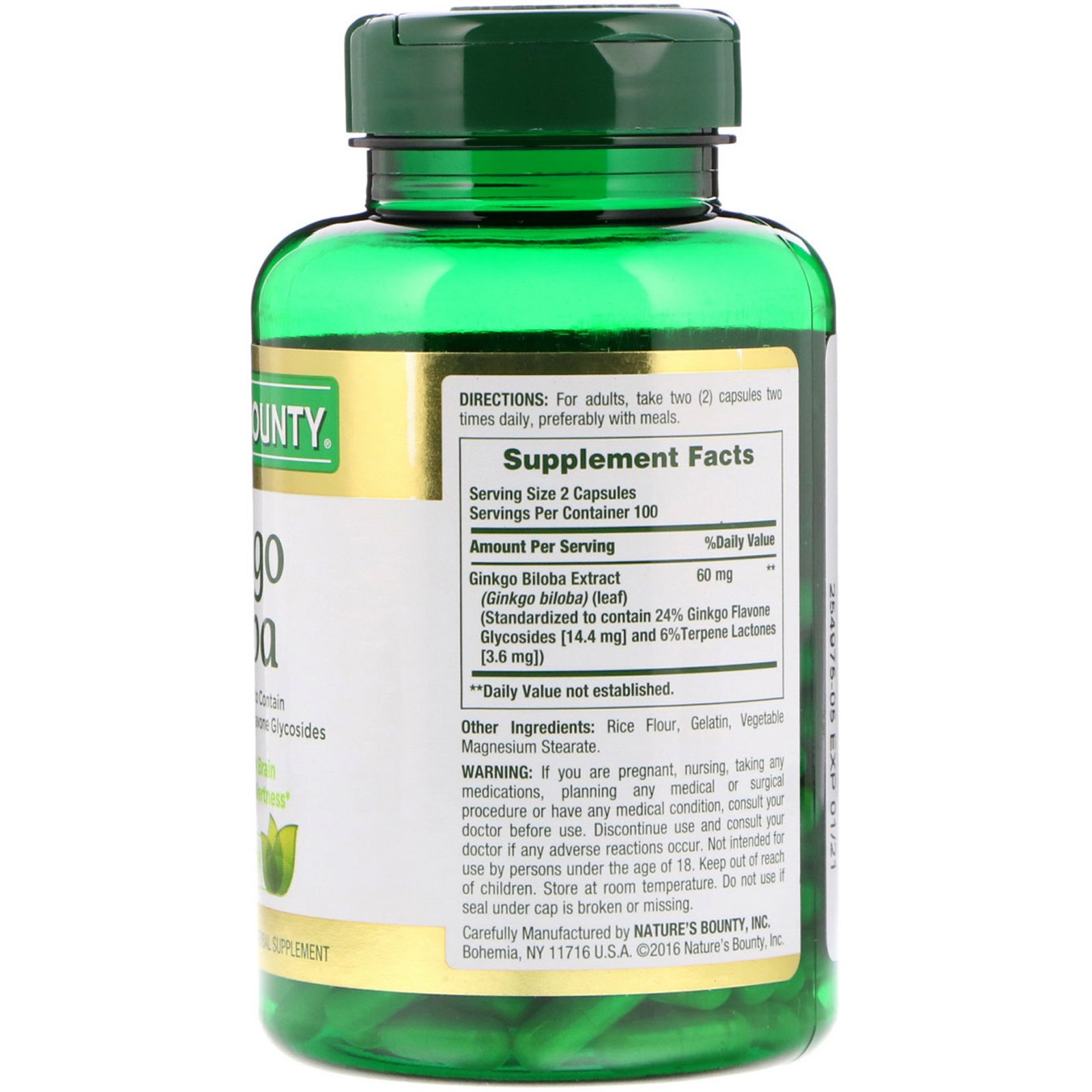 Nature's Bounty, Ginkgo Biloba, 60 mg, 200 Cápsulas - Imagem 2