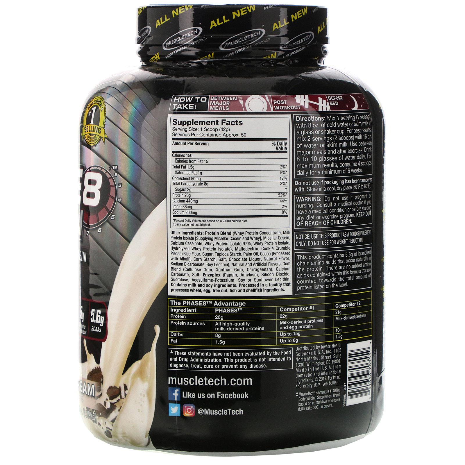Muscletech, Série Performance, Phase8, Proteína Multifásica de 8 horas, Cookies e Creme, 2,09 kg (4,60 lb) - Imagem 2