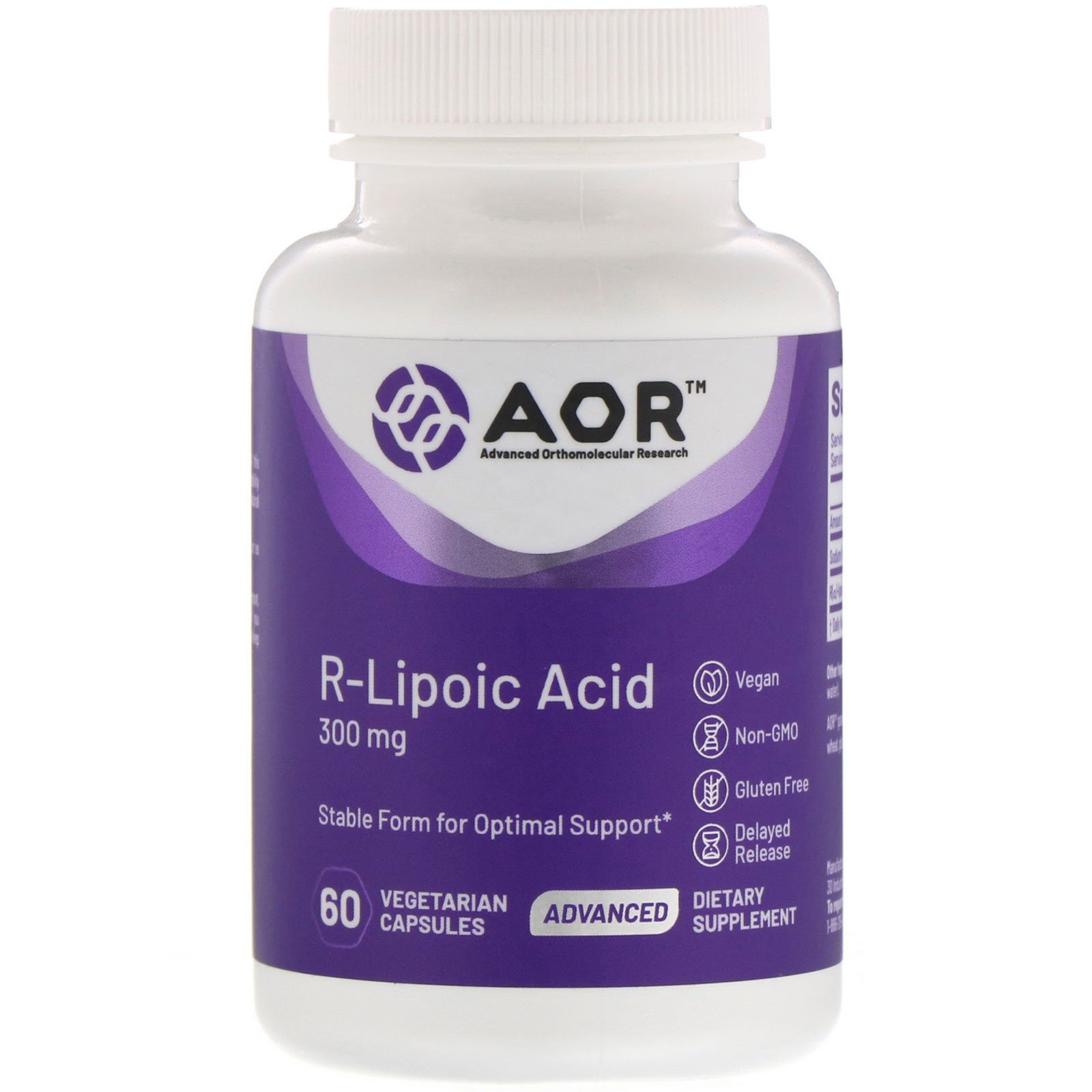 Advanced Orthomolecular Research AOR, Ácido R-Lipoico, 300 mg, 60 Cápsulas Vegetais