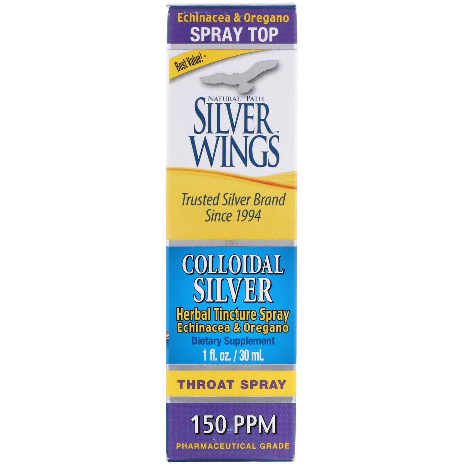 Natural Path Silver Wings, Prata Coloidal, Spray de Tintura Herbal, 150 PPM, frasco de 1 oz (30 ml)