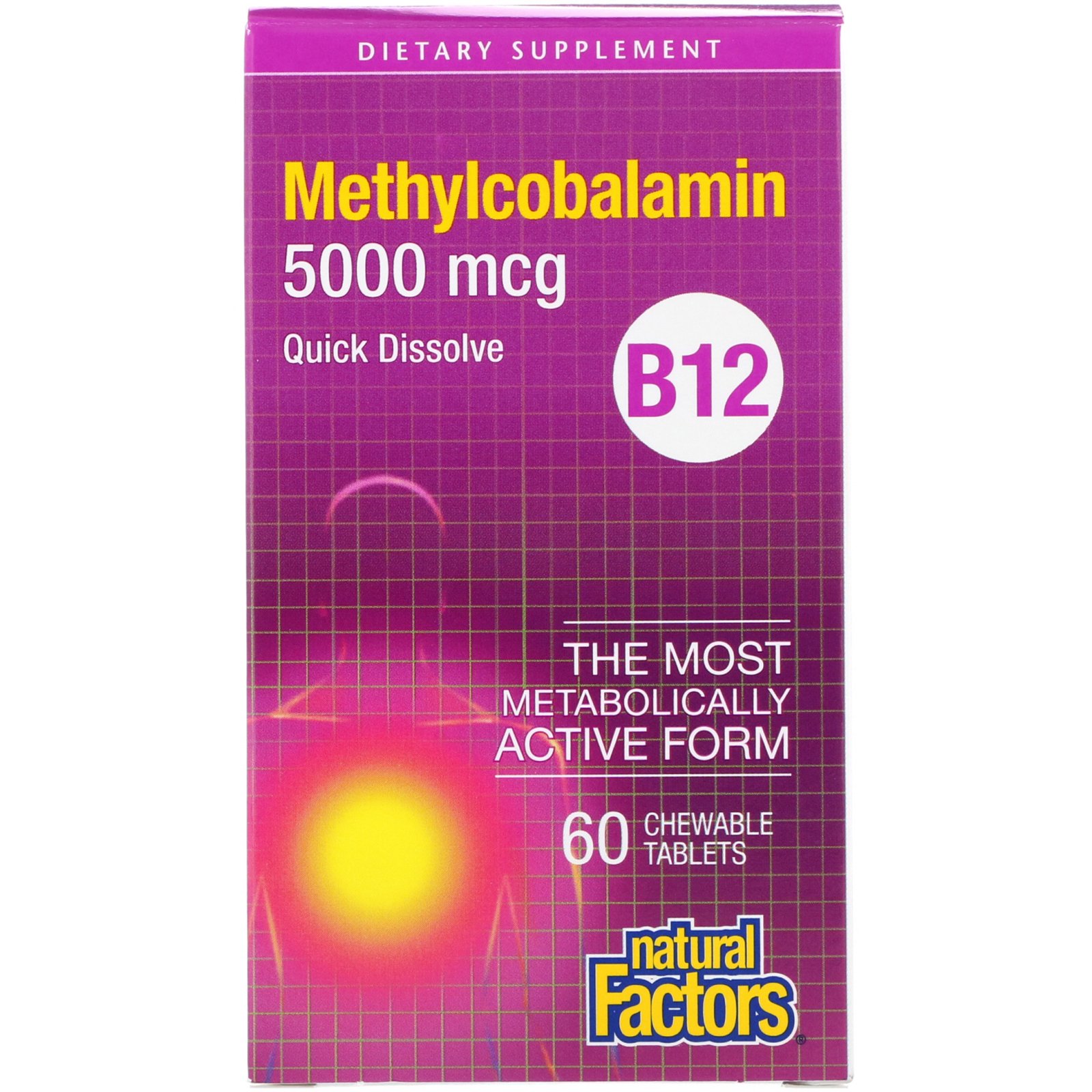 Natural Factors, Vitamina B12, metilcobalamina, 5000 mcg, 60 comprimidos mastigáveis.