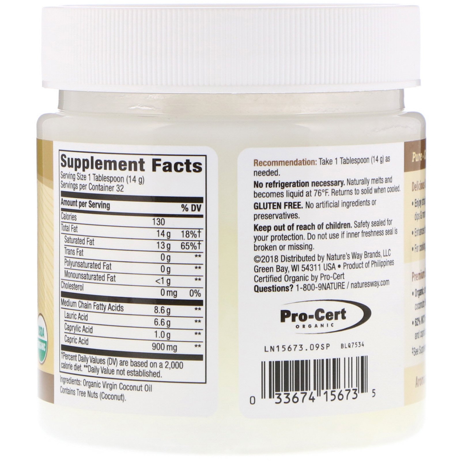 Nature's Way, Óleo de Coco Orgânico, Extra Virgem, 448 g (16 oz) - Imagem 2
