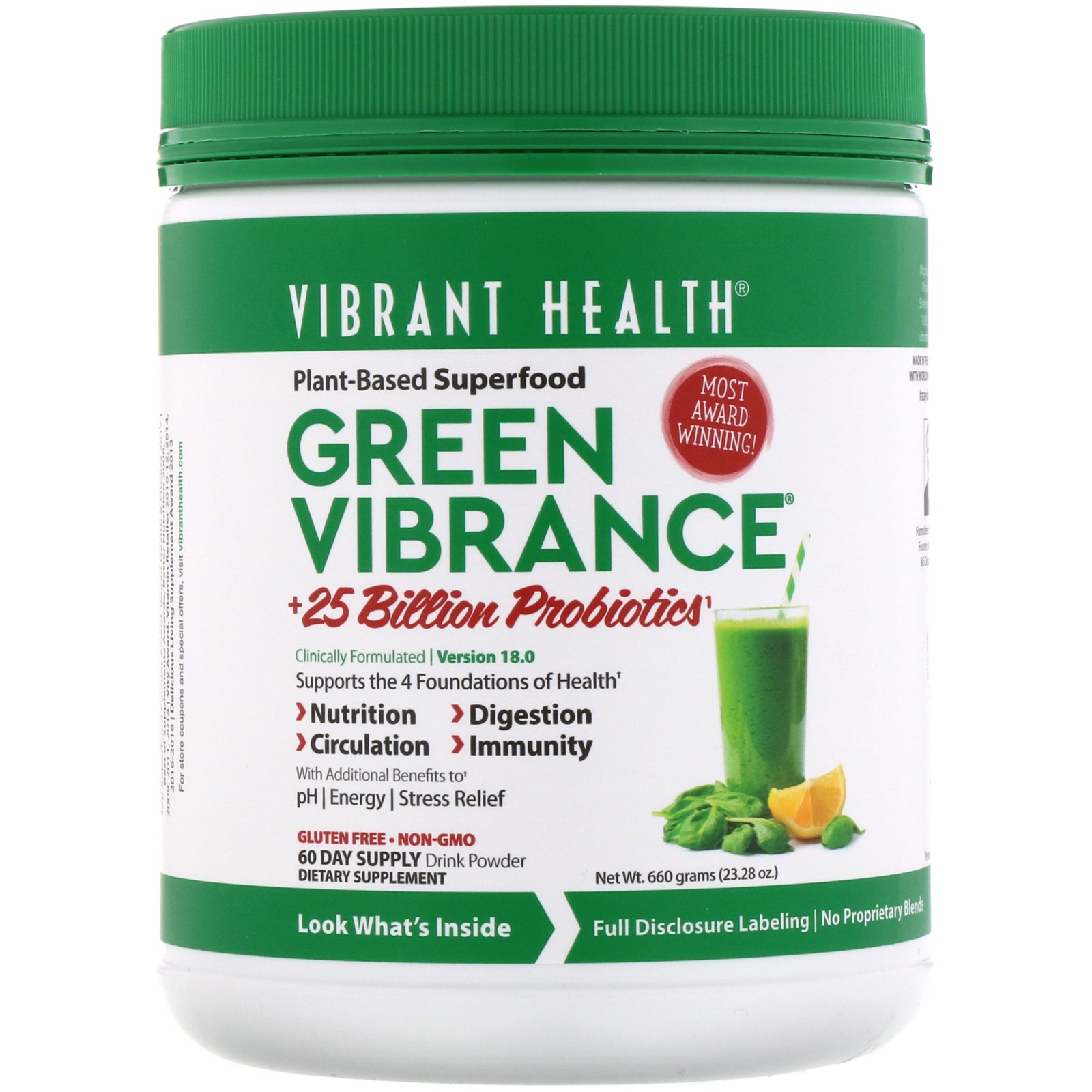 Vibrant Health, Green Vibrance +25 Bilhões de Probióticos, Versão 18.0, 660 g (23,28 oz)