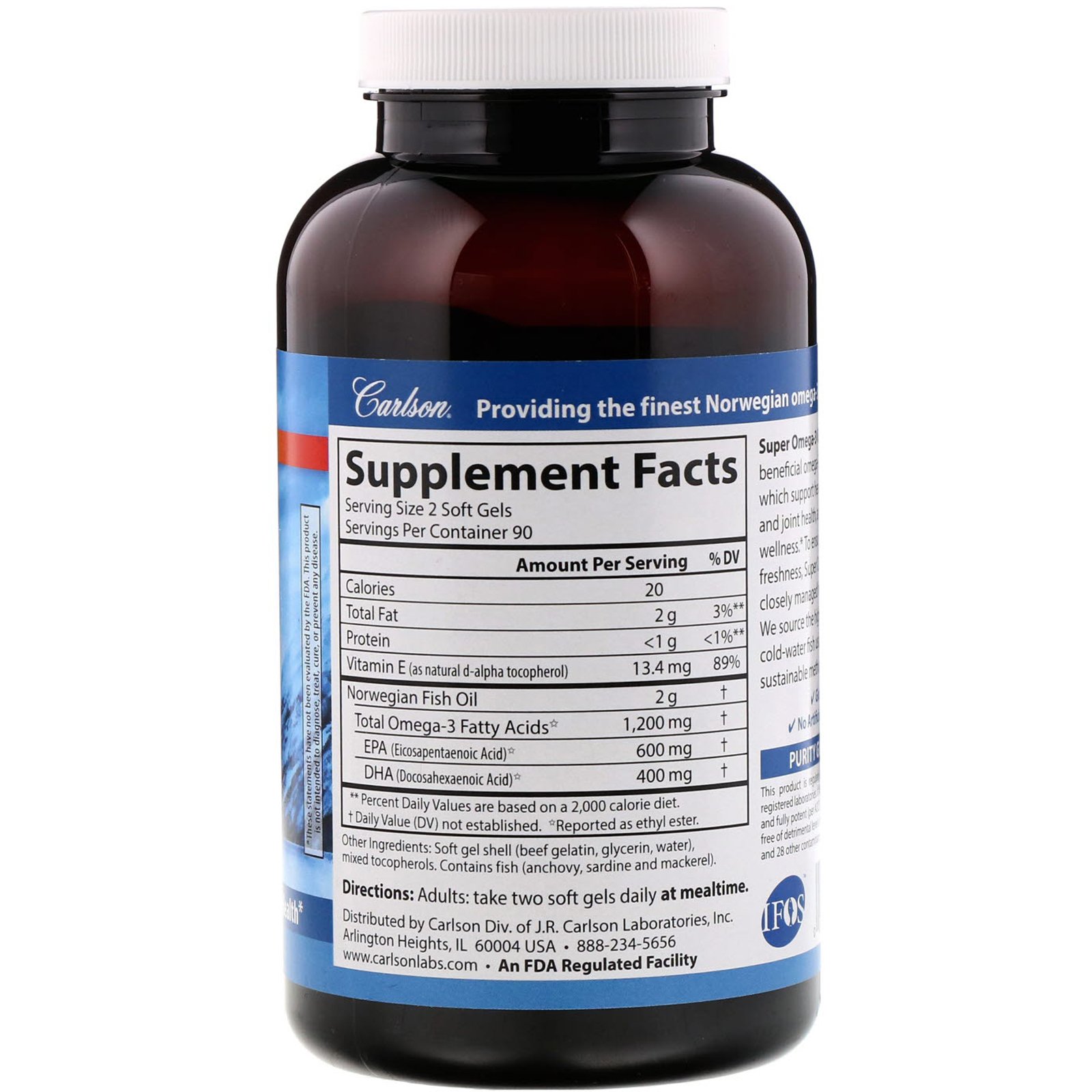 Carlson Labs, Peixe Selvagem, Super Omega-3 Gems, 1200 mg, 180 Cápsulas Gelatinosas - Imagem 2