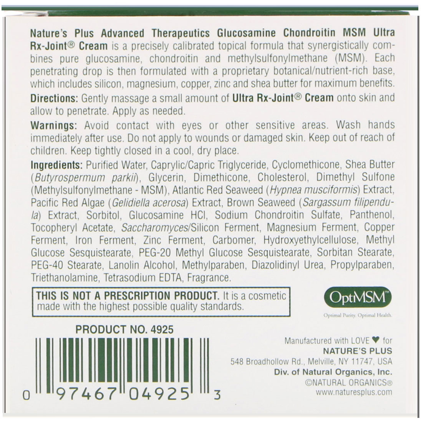 Nature's Plus, Terapias avançadas, Glucosamina com Condroitina e MSM, Ultra Rx-Joint em Creme, 4 fl oz (118 ml) - Imagem 2