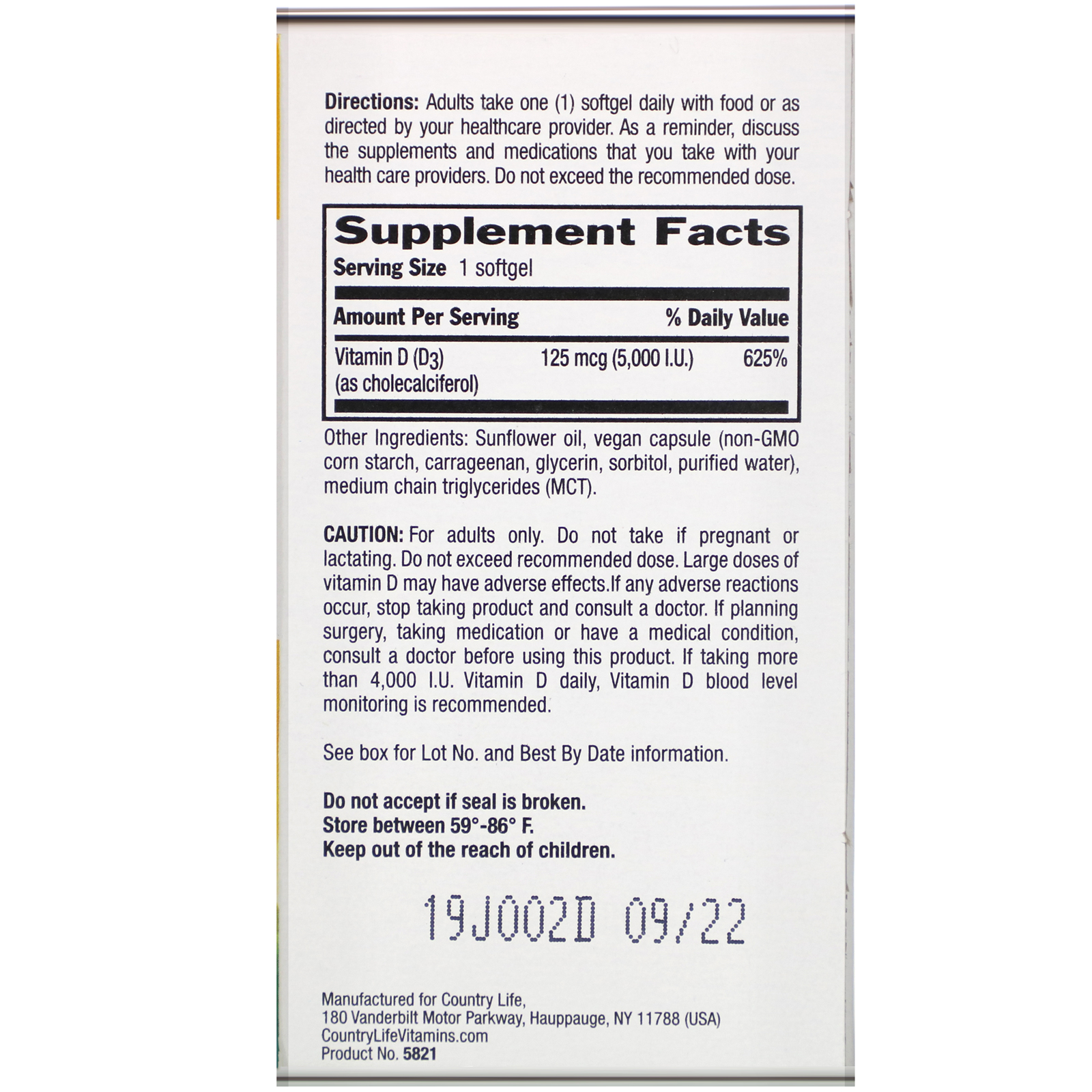 Country Life, Vegan D3, 125 mcg (5,000 IU), 60 Vegan Softgels - Imagem 3