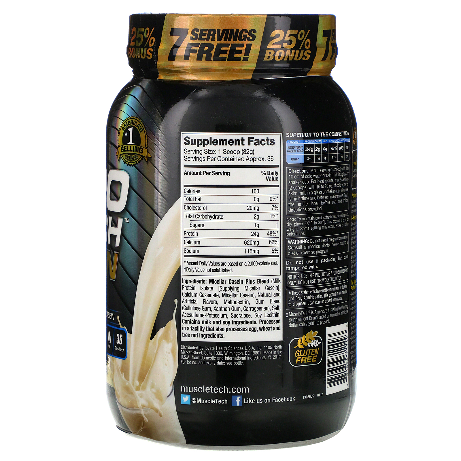 Muscletech, Performance Series, Nitro Tech Casein Gold, Creamy Vanilla, 2.5 lbs (1.13 kg) - Imagem 2