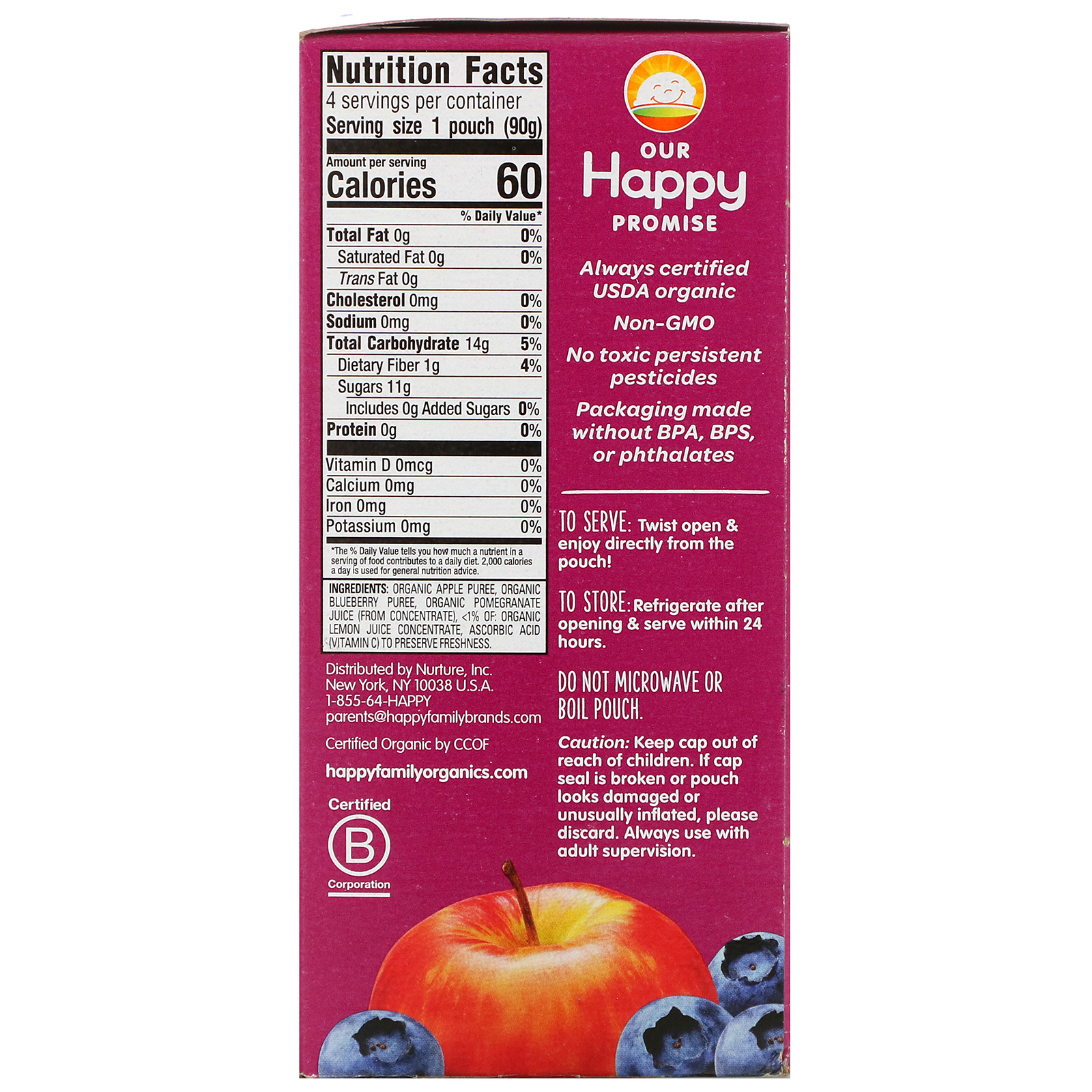 Happy Family Organics, Happy Kid, Organic Apple, Blueberry & Pomegranate, 4 Pouches, 3.17 oz (90 g) Each - Imagem 2