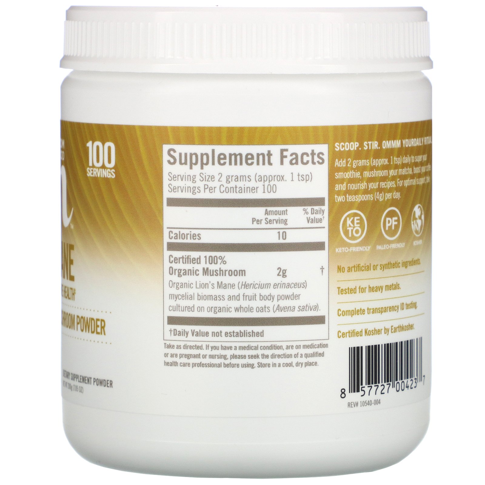 Organic Mushroom Nutrition, Lion's Mane, Certified 100% Organic Mushroom Powder, 7.05 oz (200 g) - Imagem 2