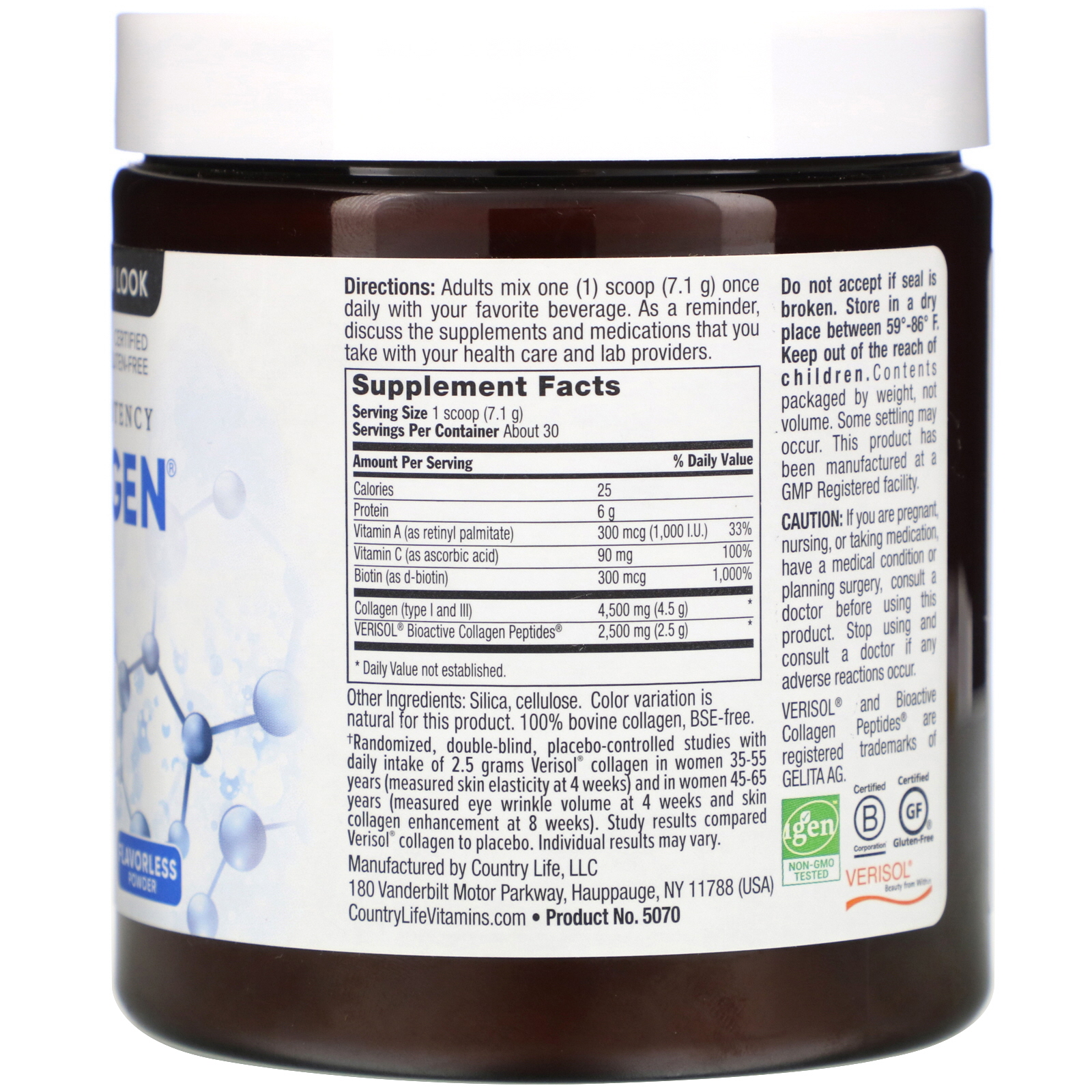 Country Life, Maxi-Collagen, C&A plus Biotin, Alta Potência, Pó sem Sabor, 213 g (7,5 oz) - Imagem 2
