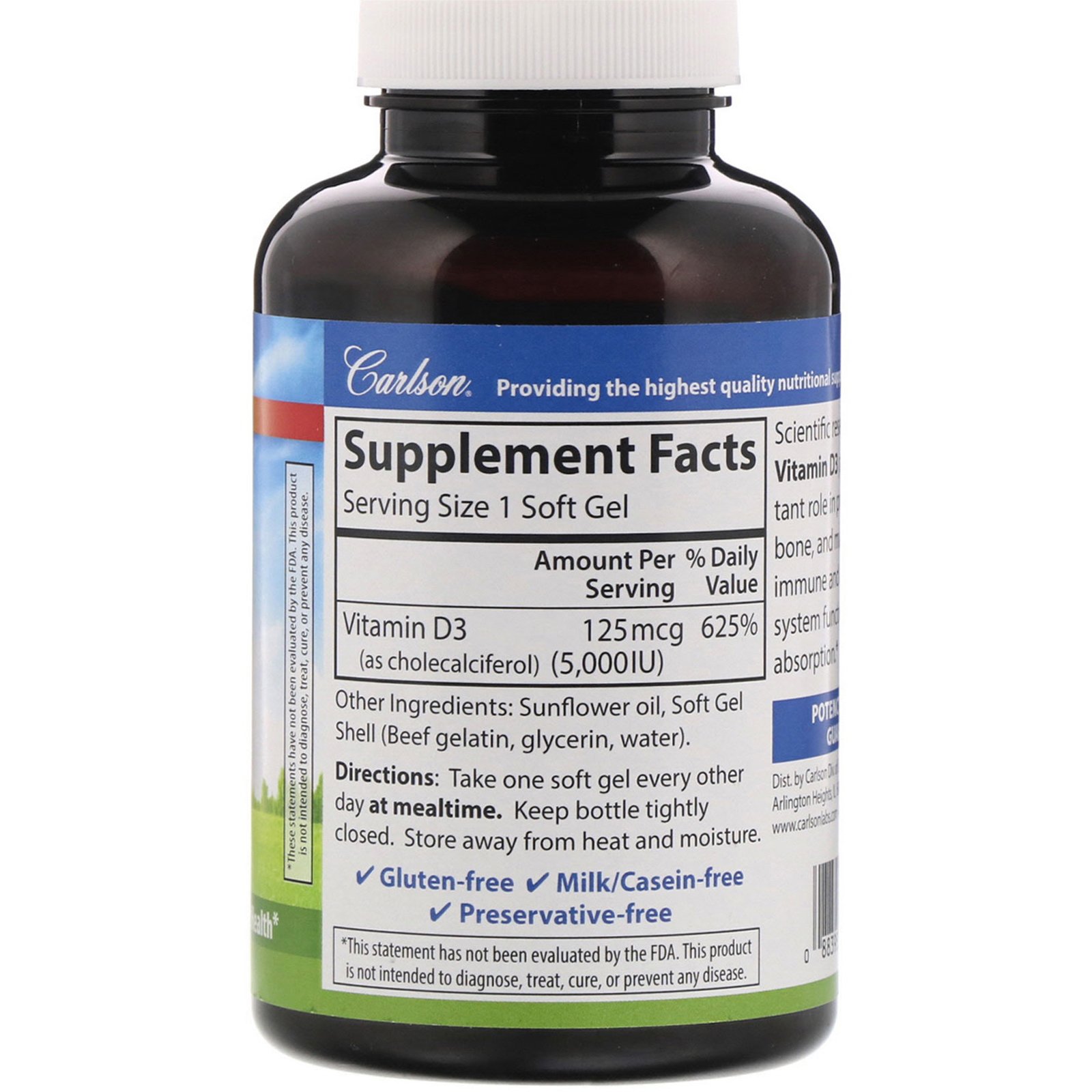 Carlson Labs, Vitamina D3, 5.000 UI (125 mcg), 360 Cápsulas Softgel - Imagem 2