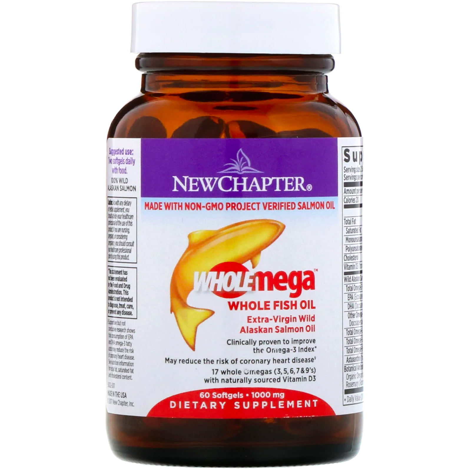 New Chapter, Wholemega, Extra-Virgin Wild Alaskan Salmon, Whole Fish Oil, 1,000 mg, 60 Softgels - Imagem 3