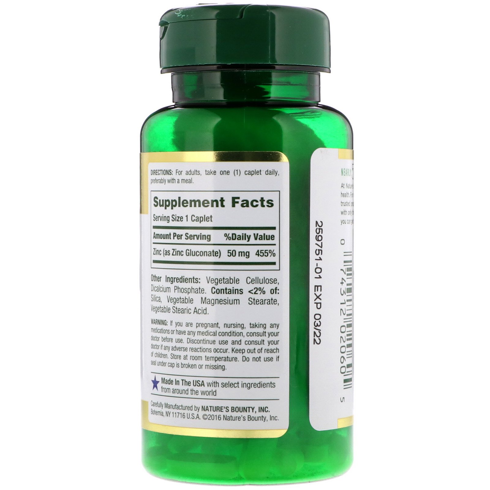 Nature's Bounty, Zinco, 50 mg, 100 Comprimidos - Imagem 2