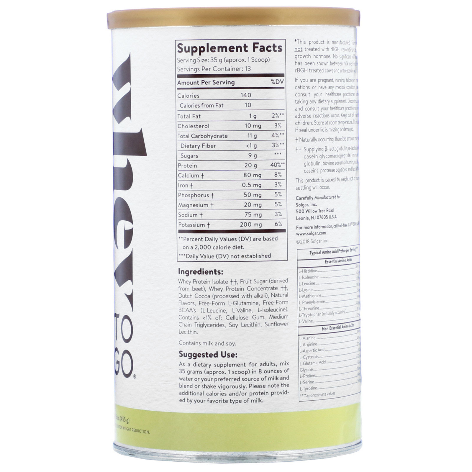Solgar, Whey To Go, Proteína de Soro de Leite em Pó, Chocolate, 455 g (16 oz) - Imagem 2