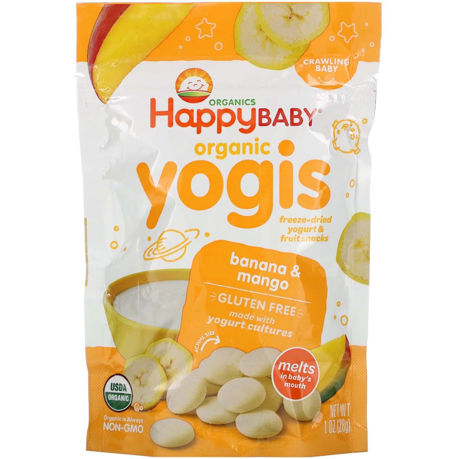 Happy Family Organics, Yogis Orgânicos, iogurte liofilizado e lanches de frutas, Banana e Manga, 28 g (1 oz)