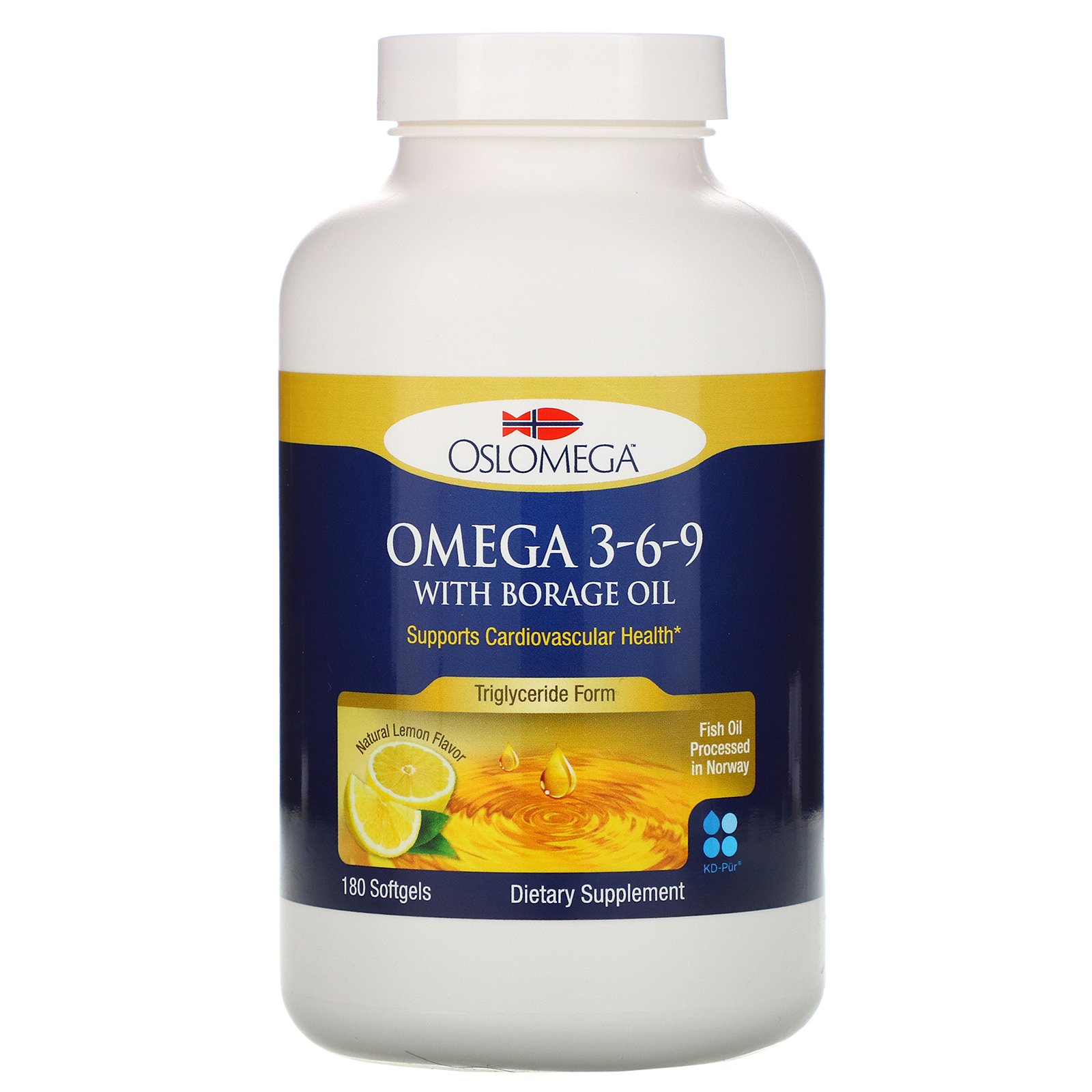 Oslomega, Norwegian Omega 3-6-9 com Óleo de Borragem, Sabor de Limão, 180 Cápsulas Softgel