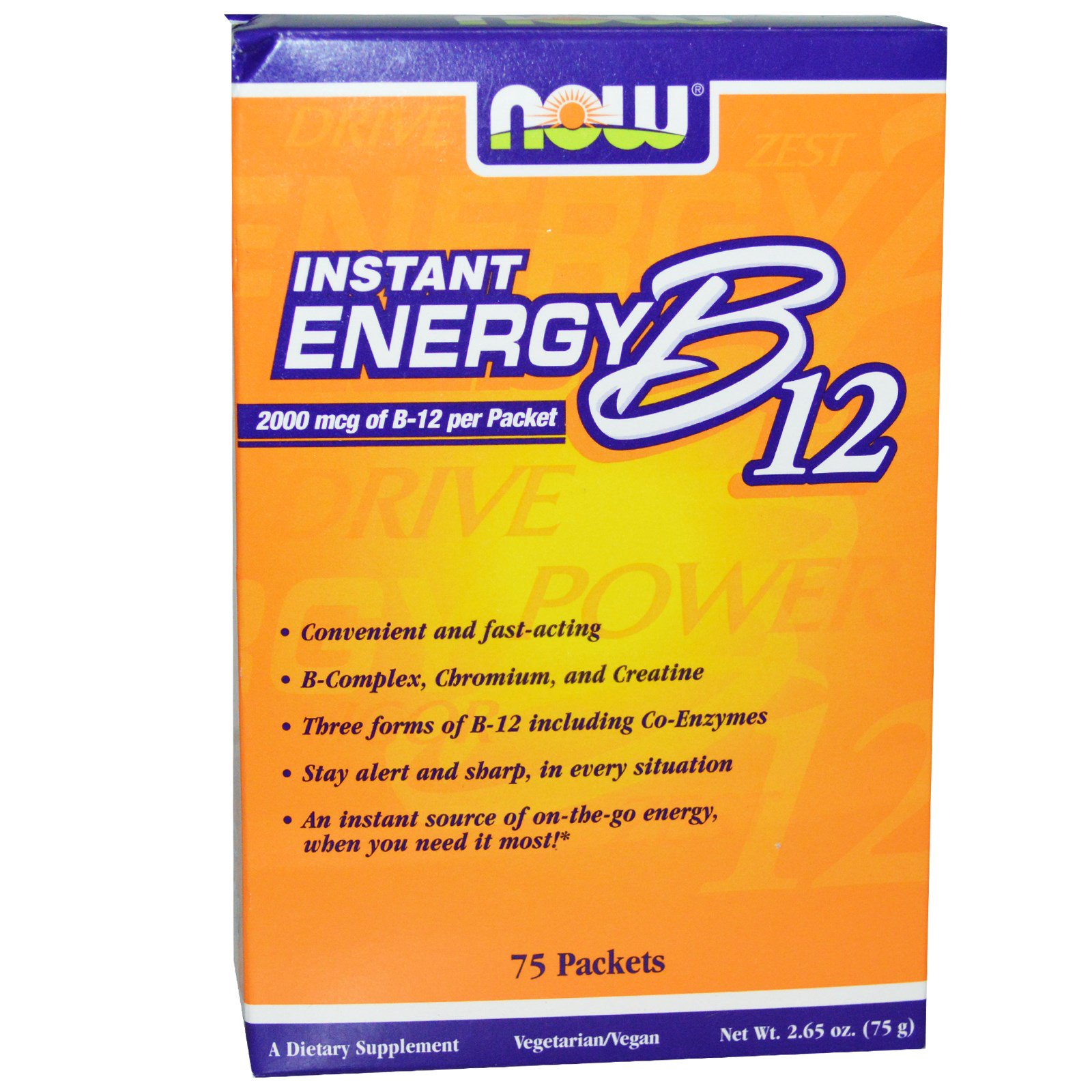 Now Foods, Energia instantêa B12, 2000 mcg, 75 envelopes, 1 g cada