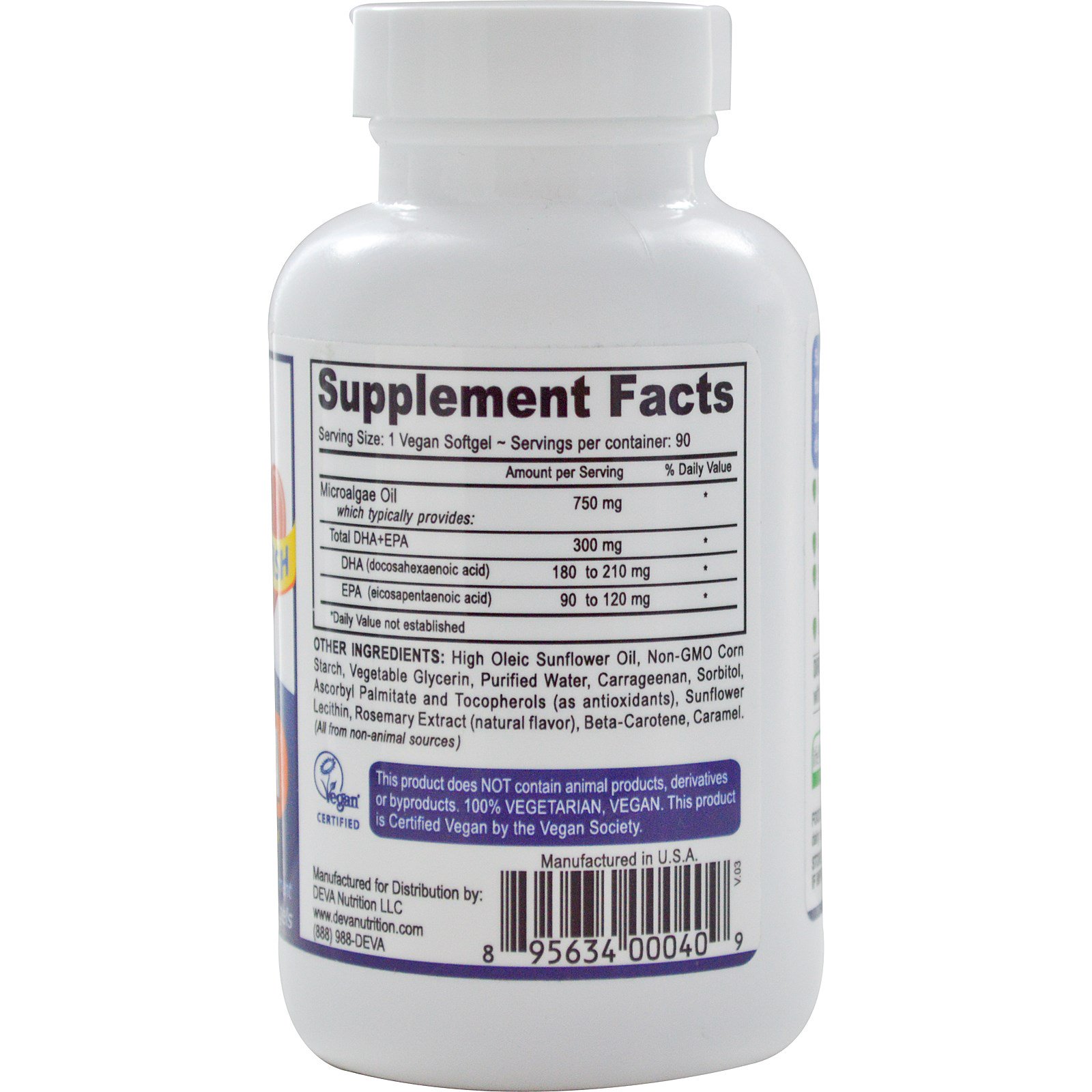 Deva, Ômega-3 Vegano, DHA-EPA, 300 mg, 90 Softgels Veganos - Imagem 2