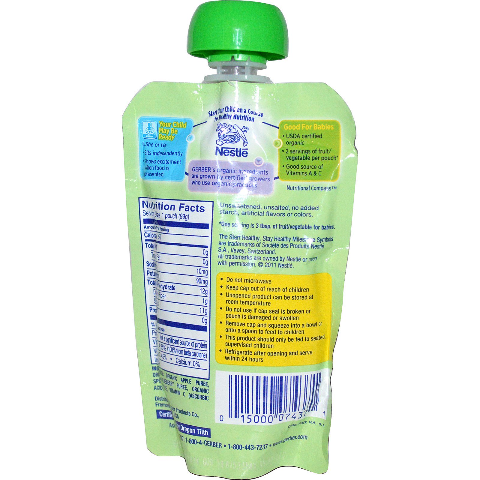Gerber, Organic Baby Food, Apples, Blueberries & Spinach, 3.5 oz (99 g) - Imagem 2