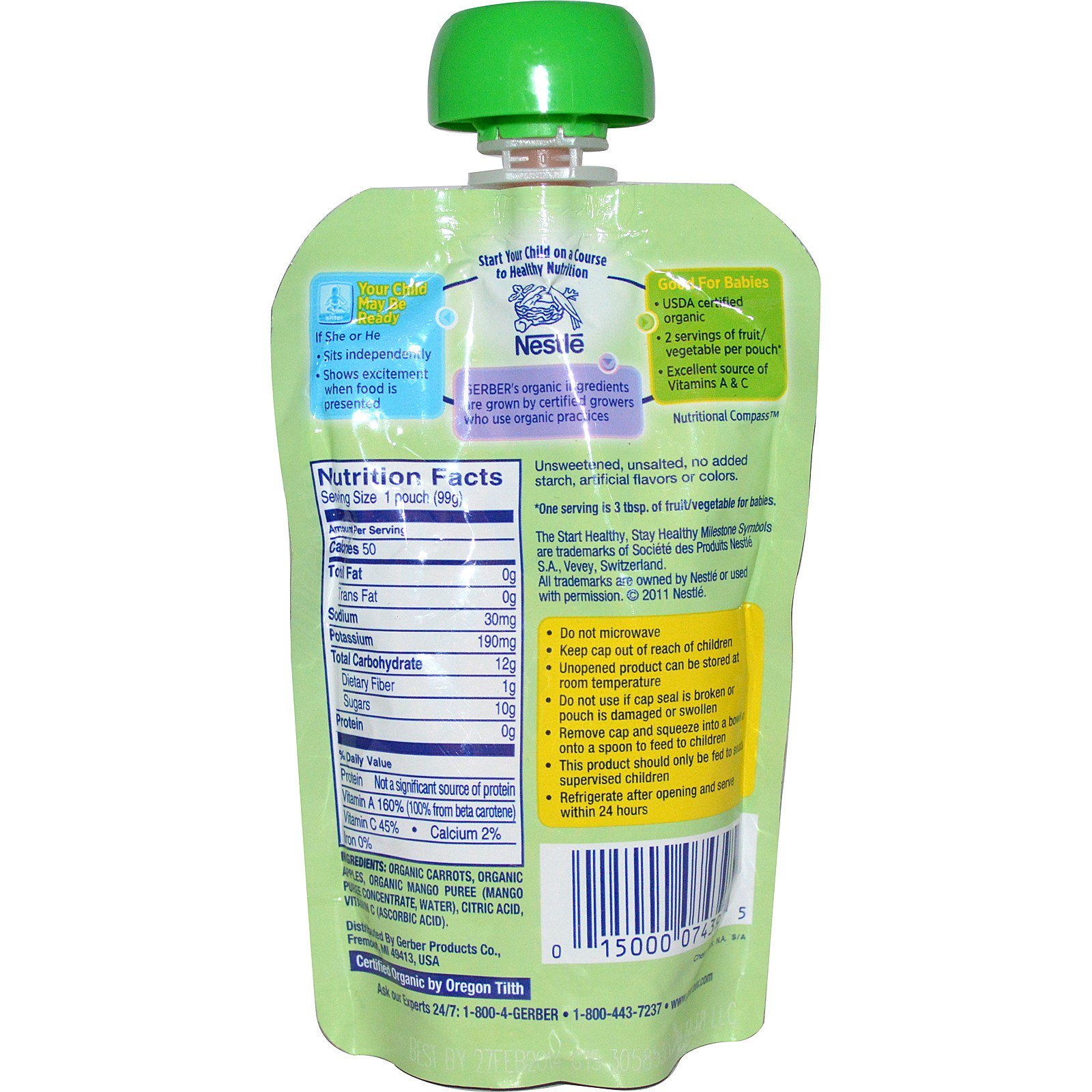 Gerber, Organic Baby Food, Carrots, Apples & Mangoes, 3.5 oz (99 g) - Imagem 2