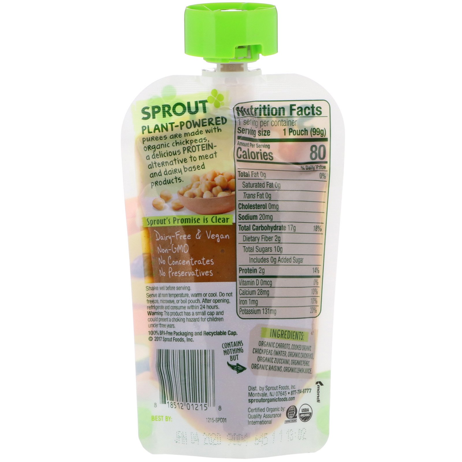 Sprout Organic, Comida para Bebê, Fase 2, Cenoura, Grão de bico, Abobrinha, Pera, 3,5 oz (99 g) - Imagem 2