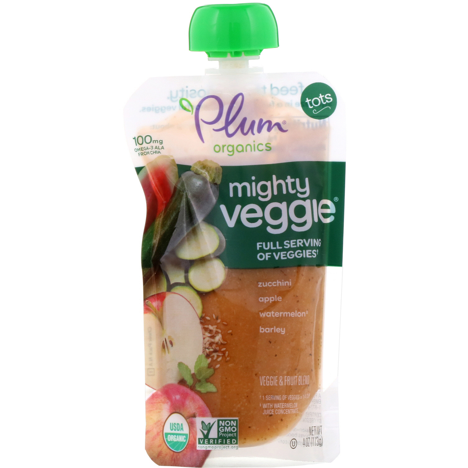 Plum Organics, Tots, Mighty Veggie, Abobrinha, Maça, Melancia, Cevada, 4 oz (113g)