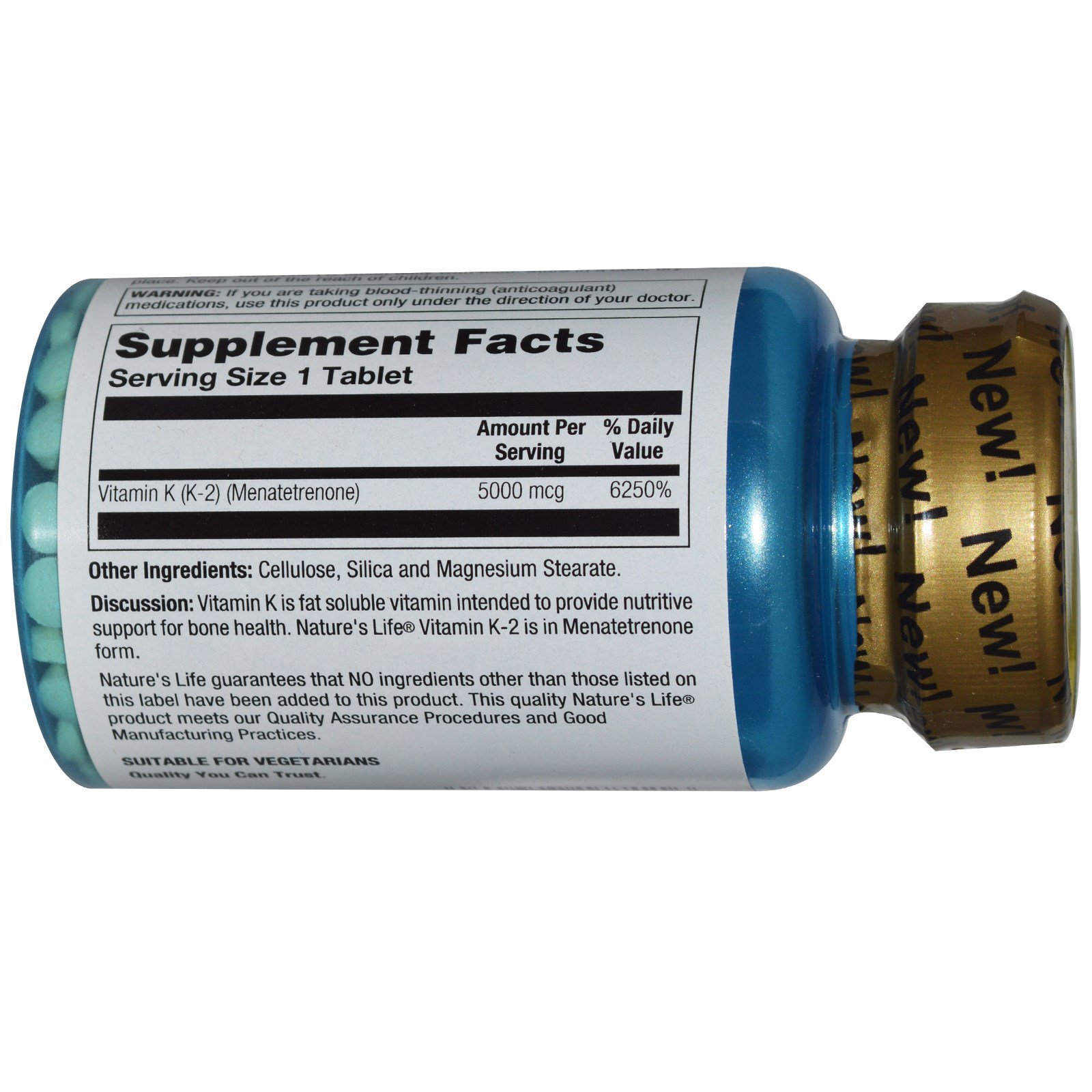 Nature's Life, K-2, Menatetrenona para Saúde Óssea, 5.000 mcg, 60 Comprimidos - Imagem 2