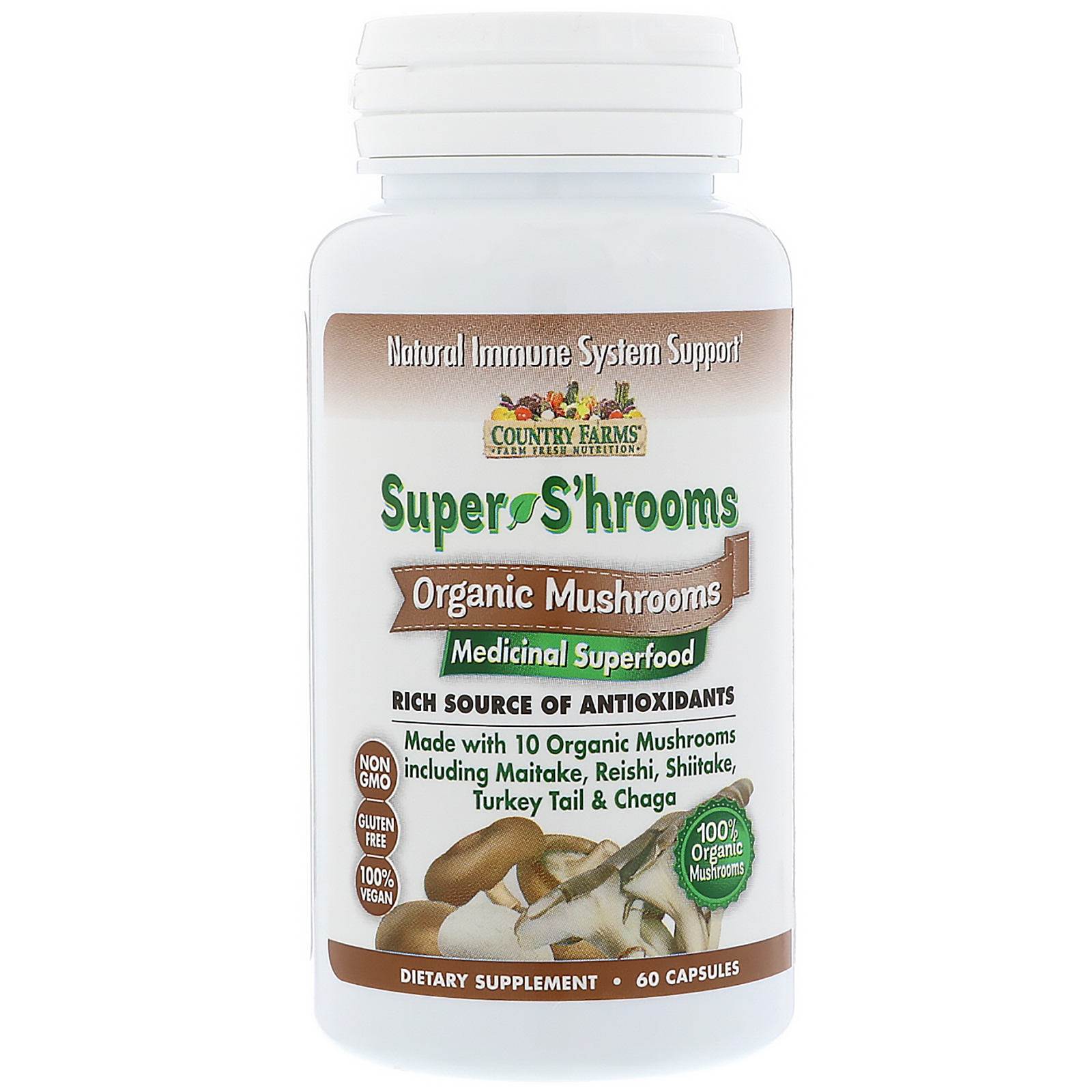 Country Farms, Super S'hrooms, Cogumelos Orgânicos, Superalimento Medicinal , 60 cápsulas - Imagem 3
