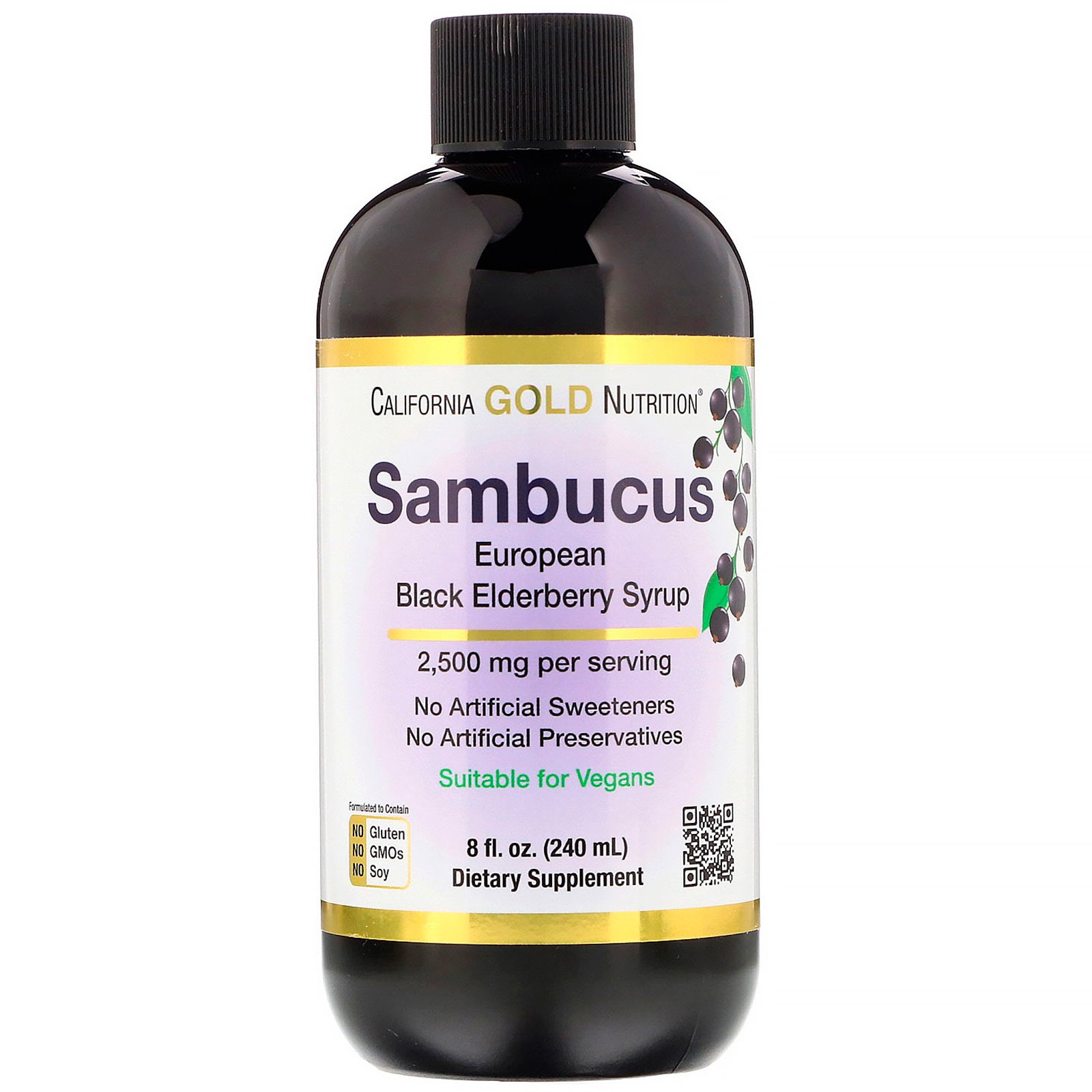 California Gold Nutrition, Xarope de Sabugueiro Preto Europeu Sambucus, 2500 mg, 8 fl oz (240 ml)