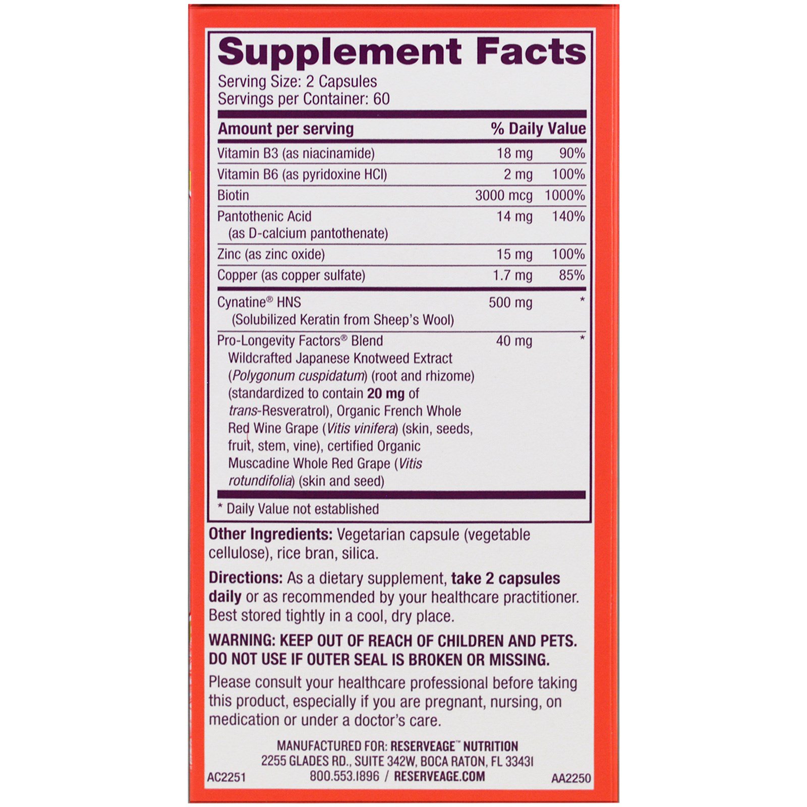 ReserveAge Nutrition, Keratin Hair Booster with Biotin & Resveratrol, 120 Capsules - Imagem 2