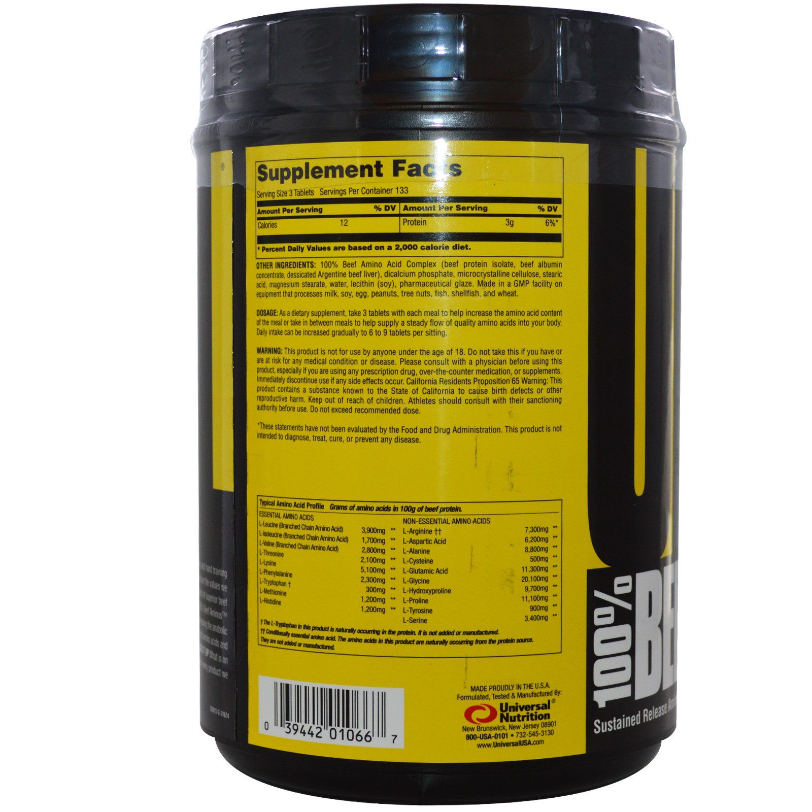 Universal Nutrition, 100% Beef Aminos, 400 Comprimidos - Imagem 2