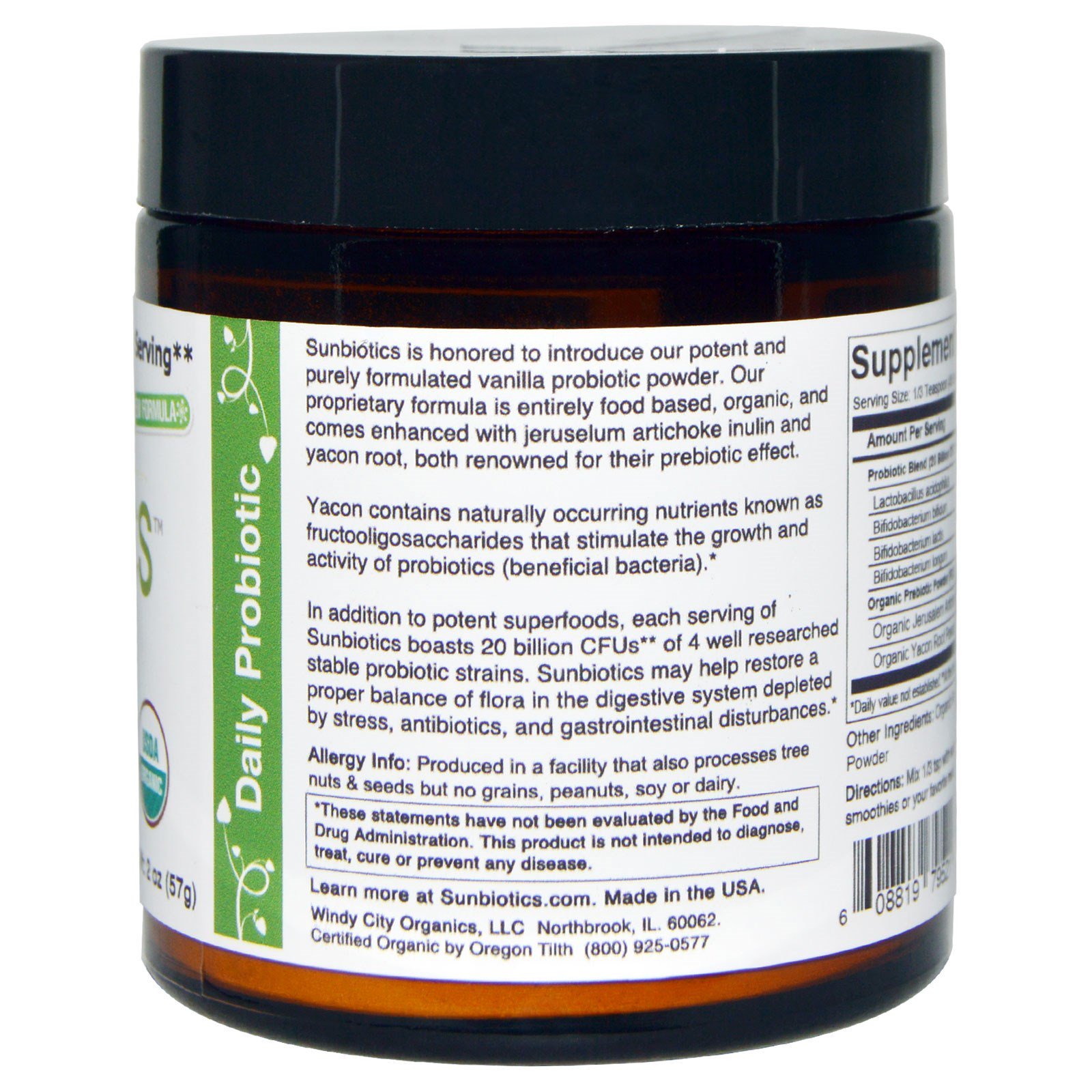 Sunbiotics, Probióticos Potentes com Prebióticos Orgânicos em Pó, Baunilha, 57 g (2 oz) - Imagem 2