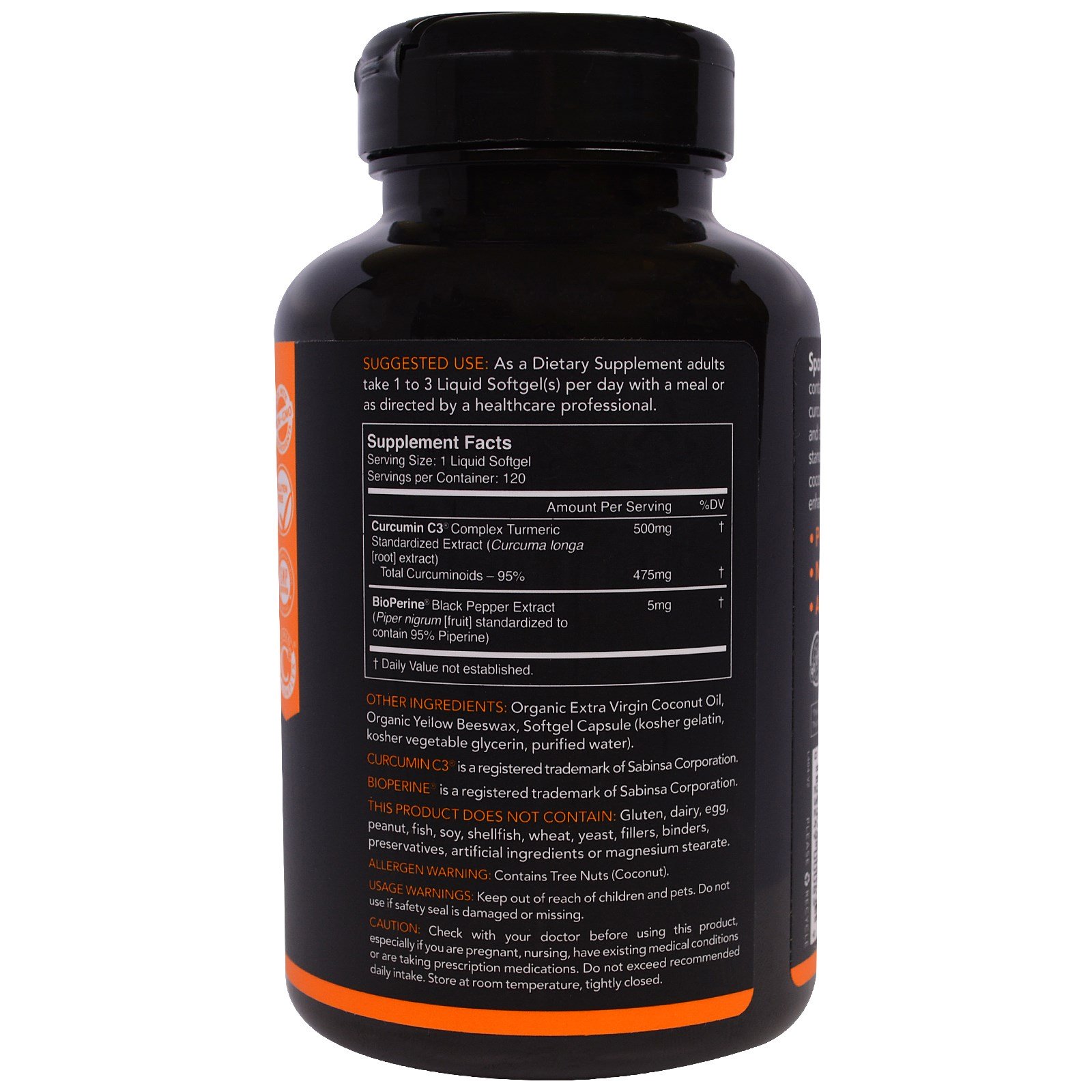 Sports Research, Turmeric Curcumin, Complexo C3, 500 mg, 120 Softgels - Imagem 2