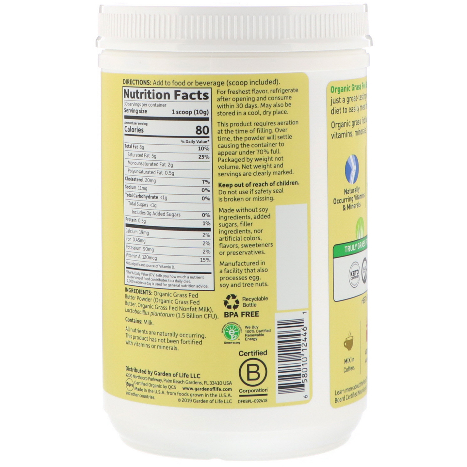 Garden of Life, Dr. Formulated Keto, Organic Grass Fed Butter Powder, 10.58 oz (300 g) - Imagem 2