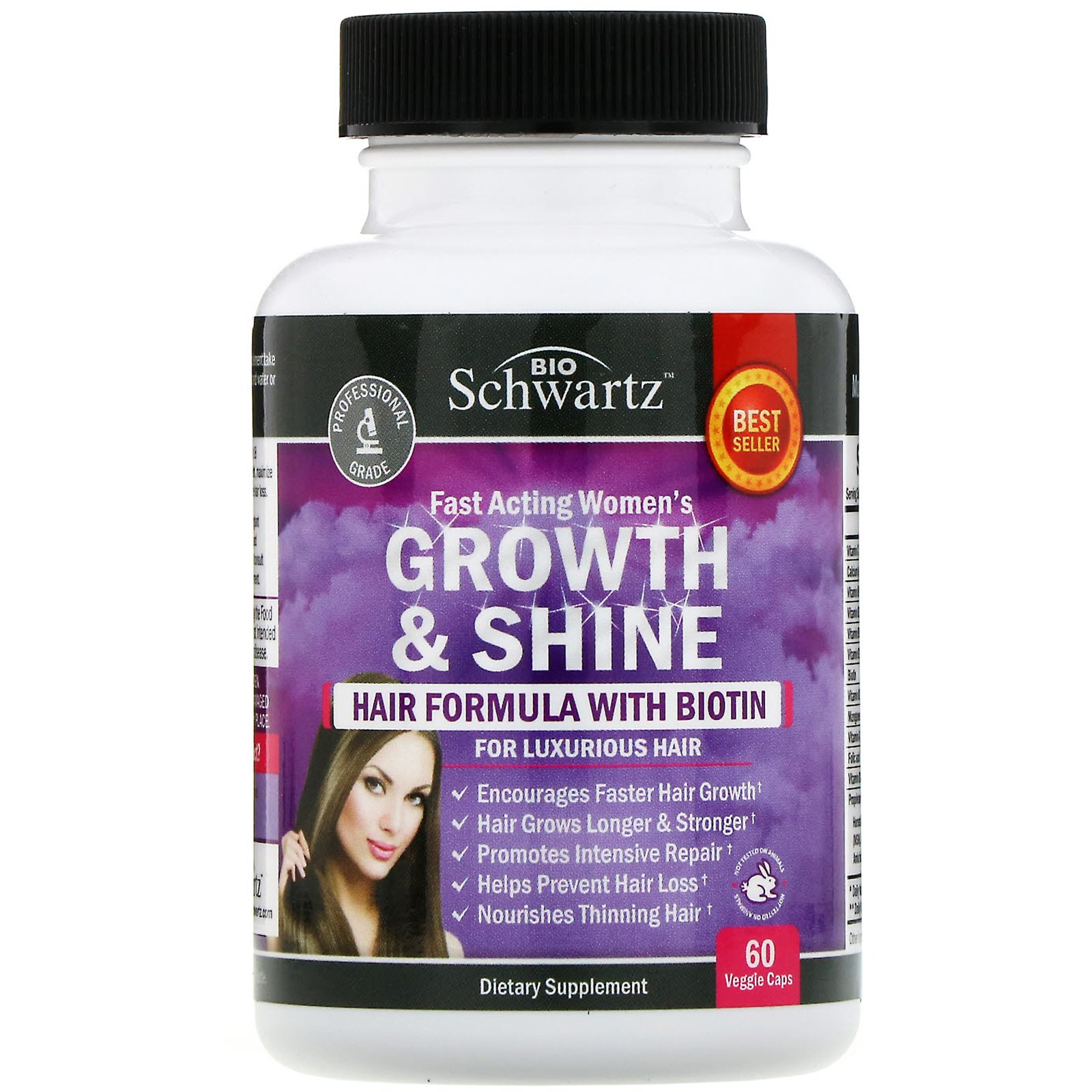 BioSchwartz, Fast Acting Women's Growth & Shine, Fórmula para os Cabelos com Biotina, 60 Cápsula Vegetais - Imagem 3